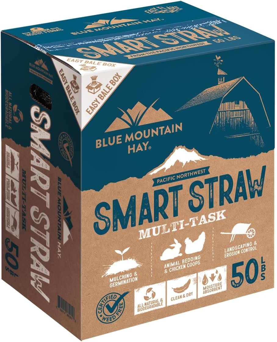Smart Straw Easy Bale Box for Bedding, Mulch Use, 50lb | 50 LB Easy Bale Straw, Weed-Free Wheat Bedding, Chicken Coop Use, Garden Mulch, Biodegradable, Clean Storage Box