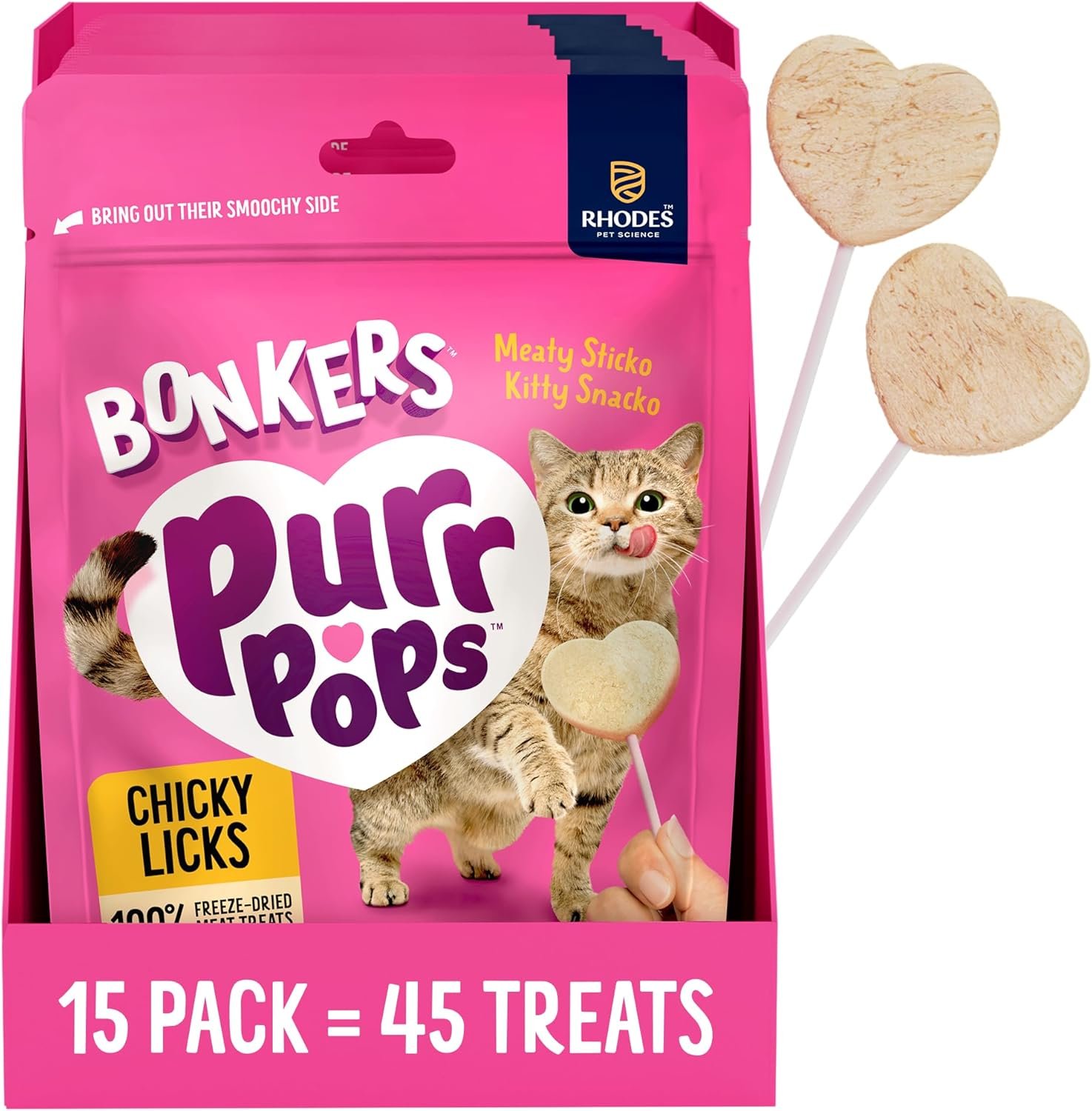 Bonkers Purrpops Freeze-Dried Chicken Flavored Lollipop Treats for Cats, 15 Pack