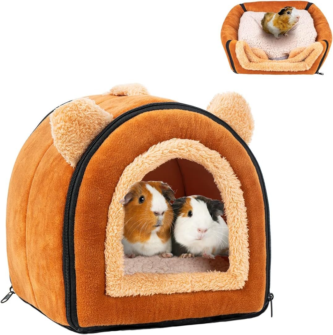 Pet Soft Guinea Pig & Rabbit Cozy Hideout House – Small Animal Bed for Guinea Pigs, Rabbits, Hamsters, Rats & Chinchillas Cave Bed (Brown)