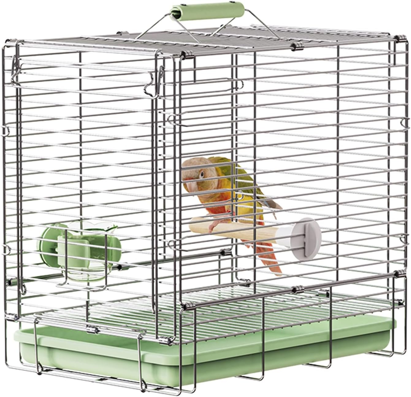 Bird Carrier Travel Cage – 304 Stainless Steel Portable Folding Bird Travel Cage with Parrot Feeder Cups & Standing Perch for Smaller Birds Conures Lovebird Cockatiel Parakeets (Green) | Easy install, includes carry bag. Rustproof, chew-safe, folds flat. For conures, lovebirds & small-medium parrots