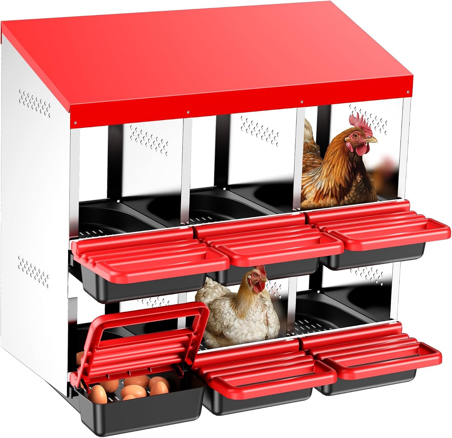 ZenxyHoC Two-Tier Chicken Nesting Box Red 6 Compartments | Metal Egg Laying Box with Rollout Egg Collection & Swing Perch for Backyard Chicken