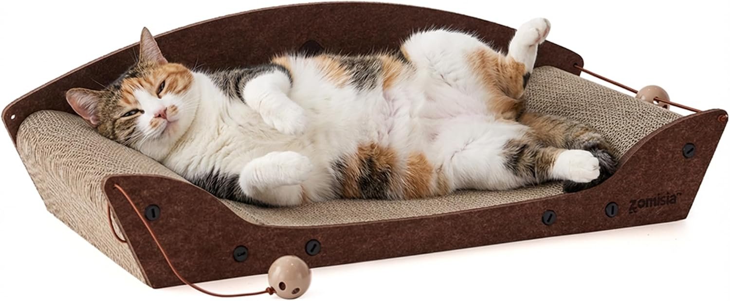 ZOMISIA 26” Cardboard Cat Scratcher Bed – Large Scratcher Couch for Indoor Cats, Orthopedic Scratching Board, Lounger Scratching Couch with Bells