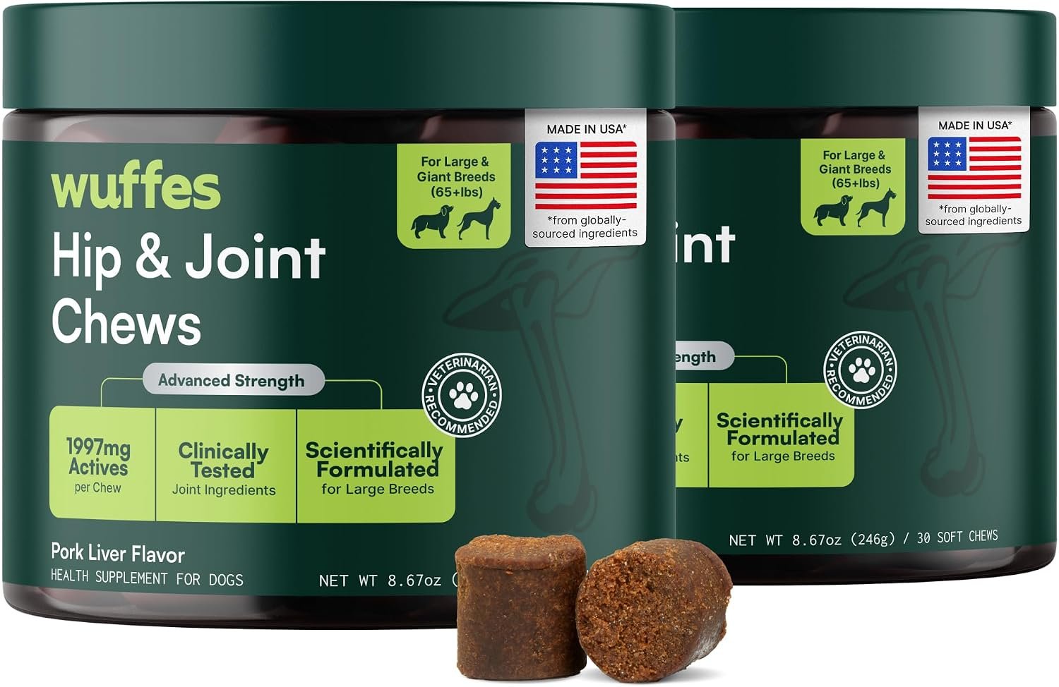 Hip & Joint Chews for Large Breed Dogs, 60 ct (2-Pack) | Hip & Joint Supplement for Dogs Over 65 lbs. Made with Glucosamine, Chondroitin, MSM and Omega-3s. 3 Months+. Pork Flavored