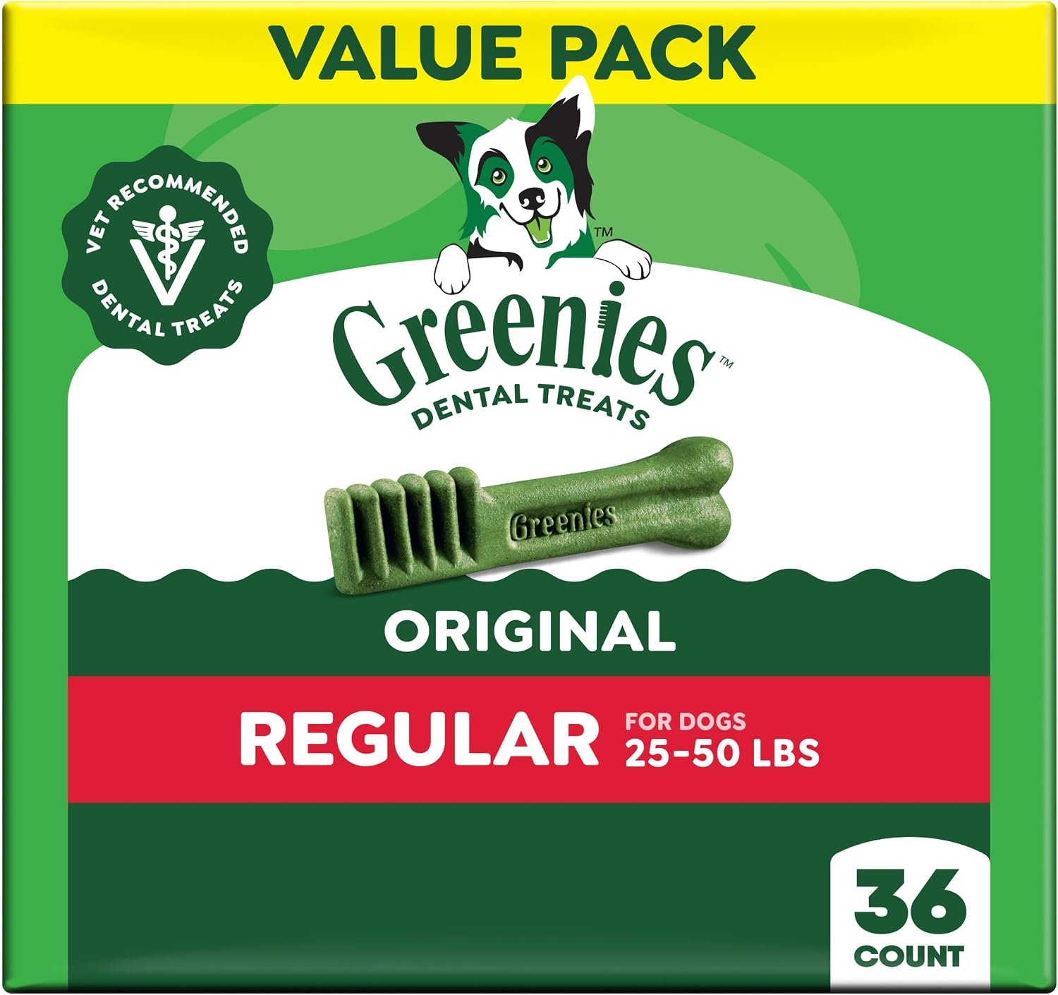 Greenies Veterinarian-Recommended Adult Natural Dental Dog Treats Regular Size, Dog Dental Chews, Original Flavor, 36 oz. Pack, 36 Count
