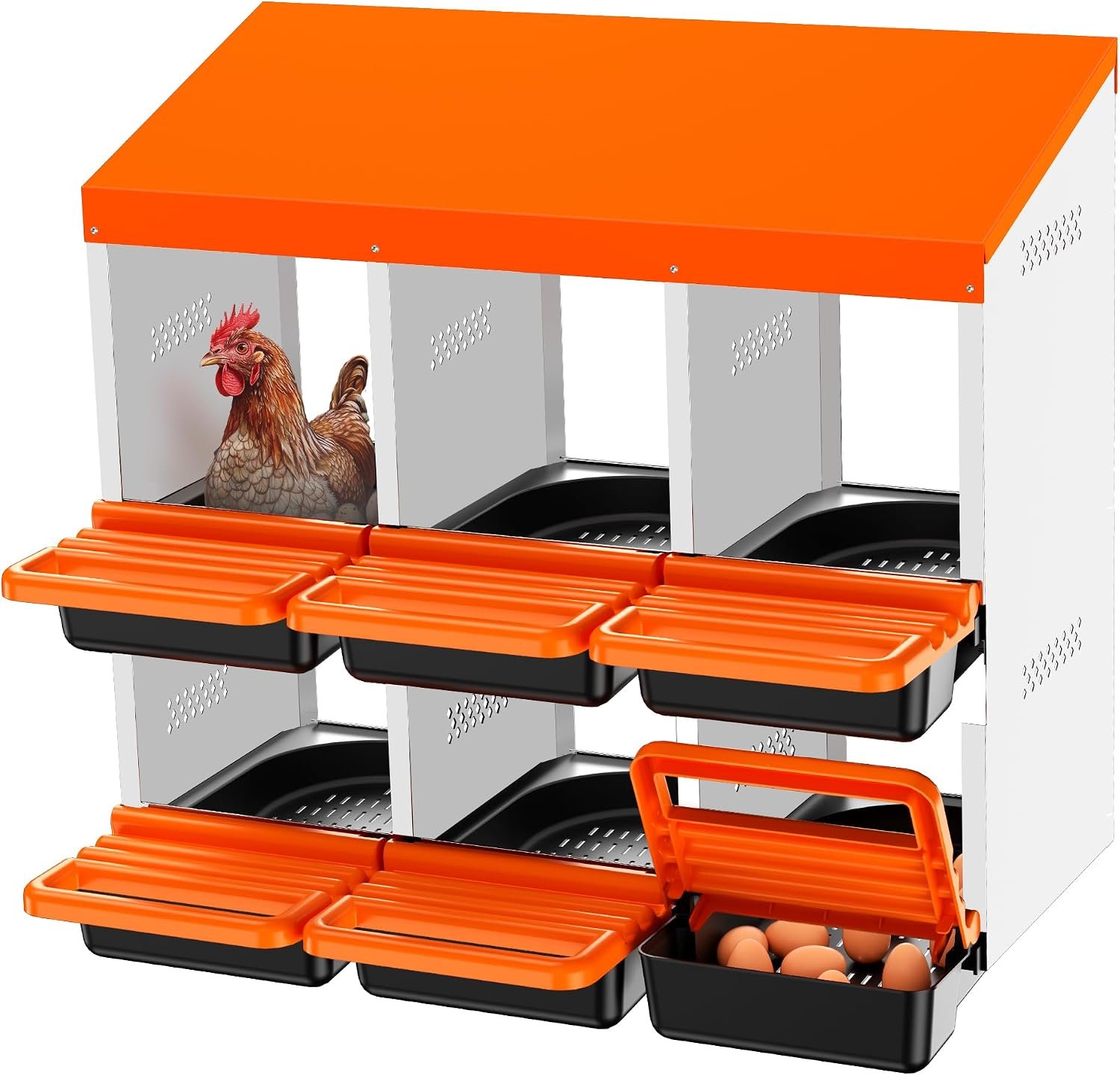 Chicken Nesting Boxes, Roll Away Nest Box for Egg Collector, 6 Holes Orange | Chickens Laying Egg with Lid Cover to Protect Eggs, Metal Material, easy to wipe down, slide out for quick bedding changes
