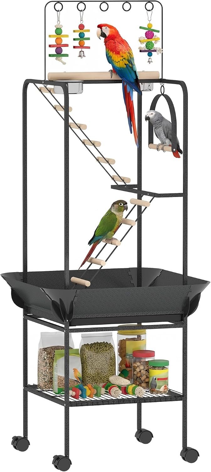 PawHut 64″ H Rolling Bird Stand Parrot Playstand with Seed Guard & Wheels | Steel Bird Playground Gym, Ladders, Swing, Toy Hook & Bowls, Large Parrot Perch for Cockatiels, Conures, Parakeets