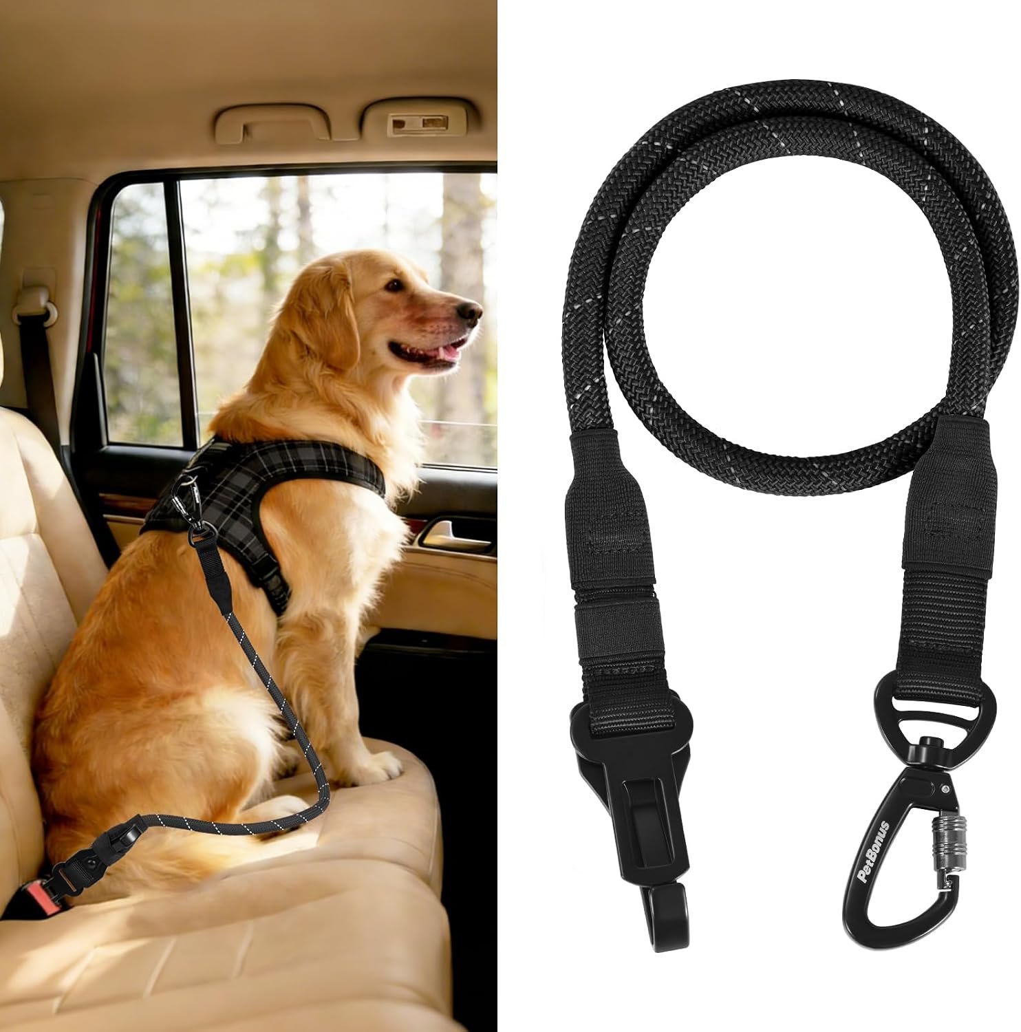 PetBonus Dog Seat Belt for Car, Durable Rope Dog Car Harness for Vehicle | Heavy Duty Buckle, Hook Latch, Lockable Clip, Pet Tether Safety Restraint, For Small Medium Large Breeds, (Black)