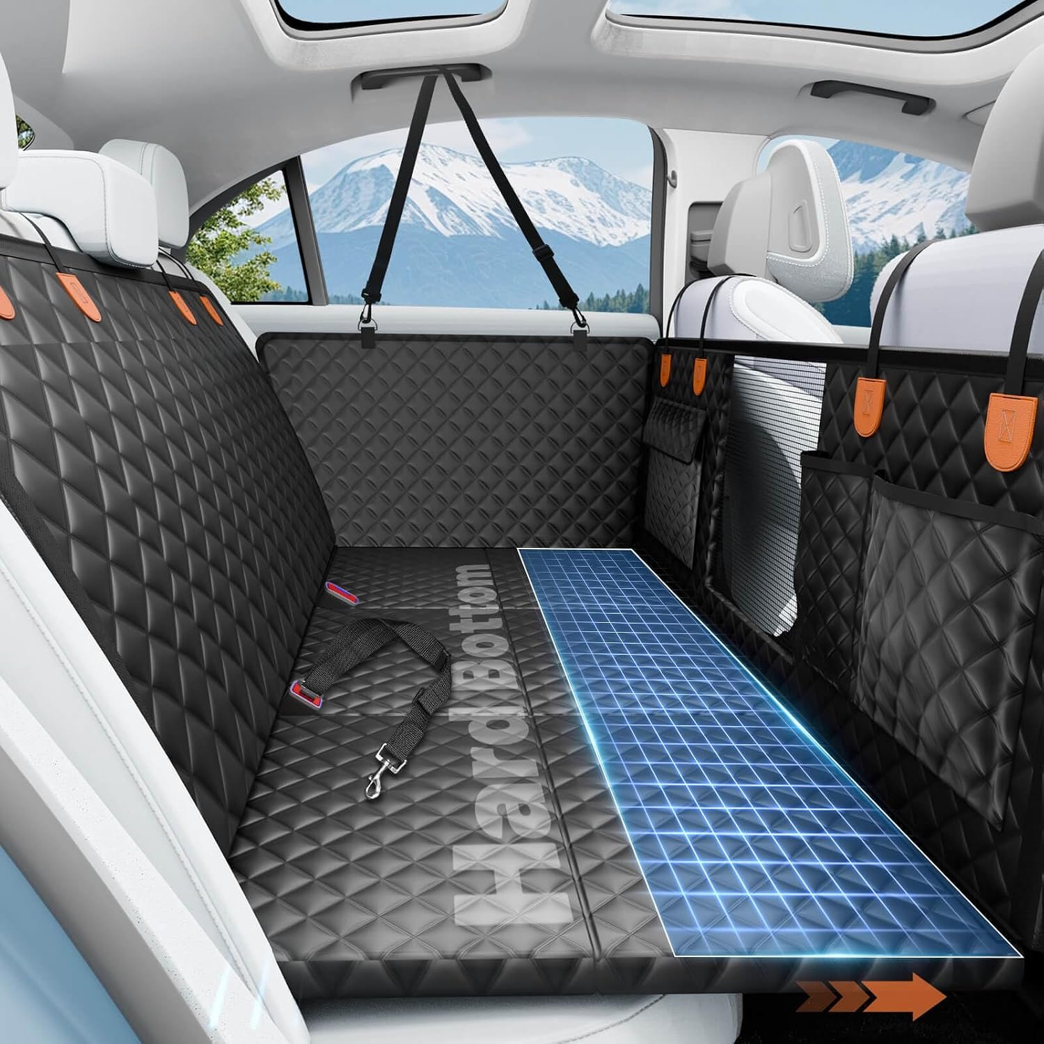 Dog Car Seat Cover for Back Seat, Hard Bottom Hammock Hold 400lbs For Cars | Hold 400lbs,Waterproof,Anti-Scratching,Safety Non-Slip,600D Oxford,Mesh Window,Storage Pocket