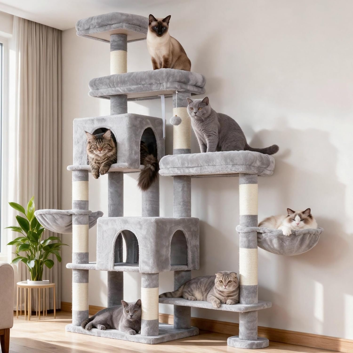 Hey-brother Cat Tree Tower with Stable Extended Base, 3 Platforms, MPJ038W | 70.9 Inches Multi-Level Sisal Scratching Posts, Wide Bed, 2 Cozy Condos, 2 Hammocks, Toy Balls for Indoor Cats, Light Gray