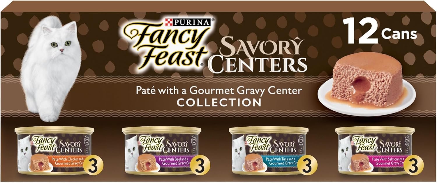 Fancy Feast Purina Savory Centers Wet Cat Food Pate Variety Pack with Chicken, Salmon, Beef, and Tuna Pate with Gravy Center – (Pack of 24) 3 oz. Cans | Variety pack with chicken, salmon, beef and tuna pate recipes, 100 percent complete and balanced nutrition