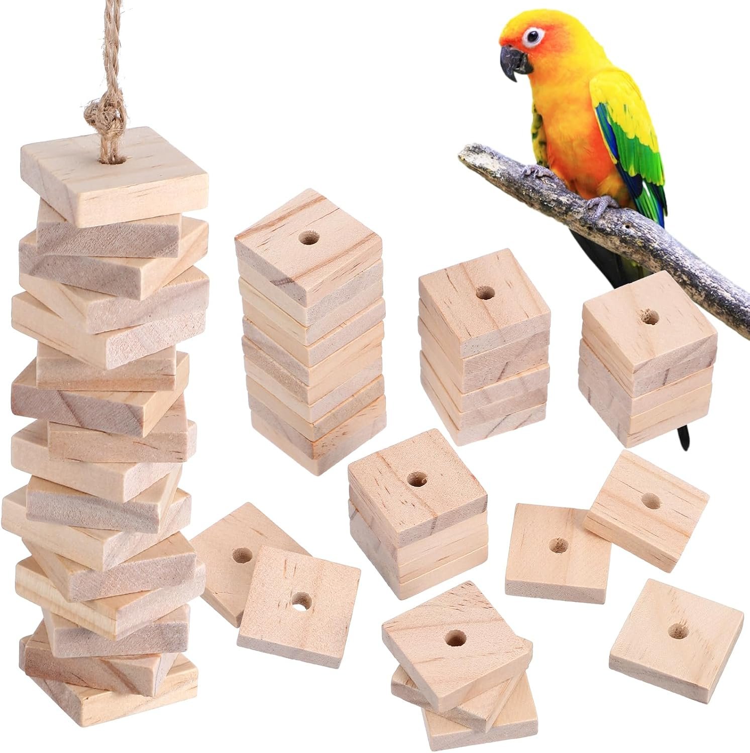 NOLITOY Parrot Toys: 100PCS Wooden Chewing Blocks, Thick Natural Wood for Bird Chew Training, DIY Cage Toys for Parakeet Budgie Conure Macaw Cockatoo