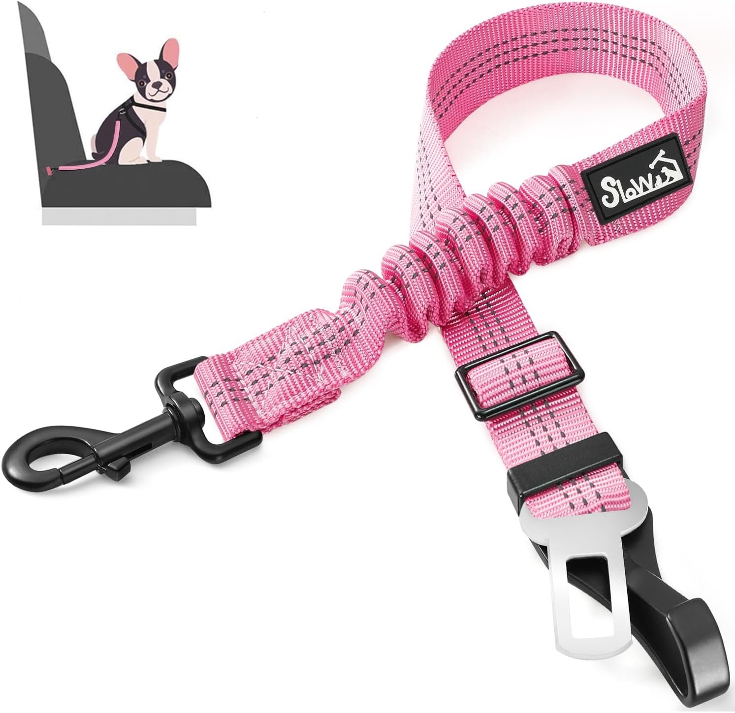 SlowTon Dog Car Seat Belt, 3 in 1 Latch Bar Attachment Dog Safety Seatbelt | Hook Latch Bar& Seatbelt Buckle, Reflective, Heavy Duty Nylon, Durability, Easy of Use, for Travel Riding, Pink, 27.5″