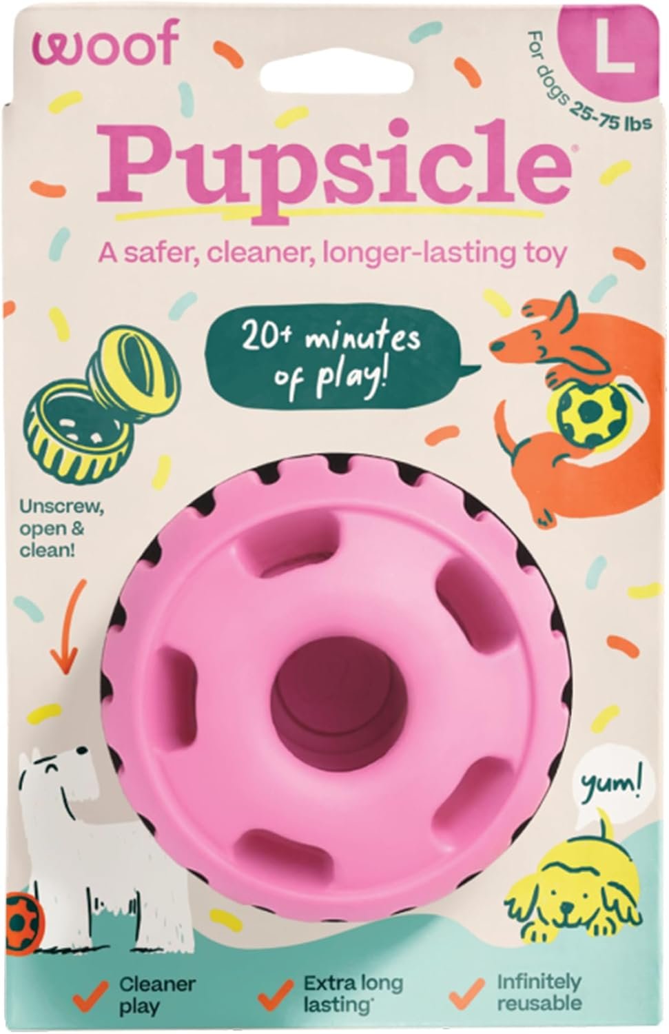 WOOF Pupsicle Interactive Dog Ball Toy for Dogs Large 25-75 lbs – Pink | Long-lasting enrichment toy for medium/large dogs, easy-fill design, low-mess play, made of natural rubber, easy to clean