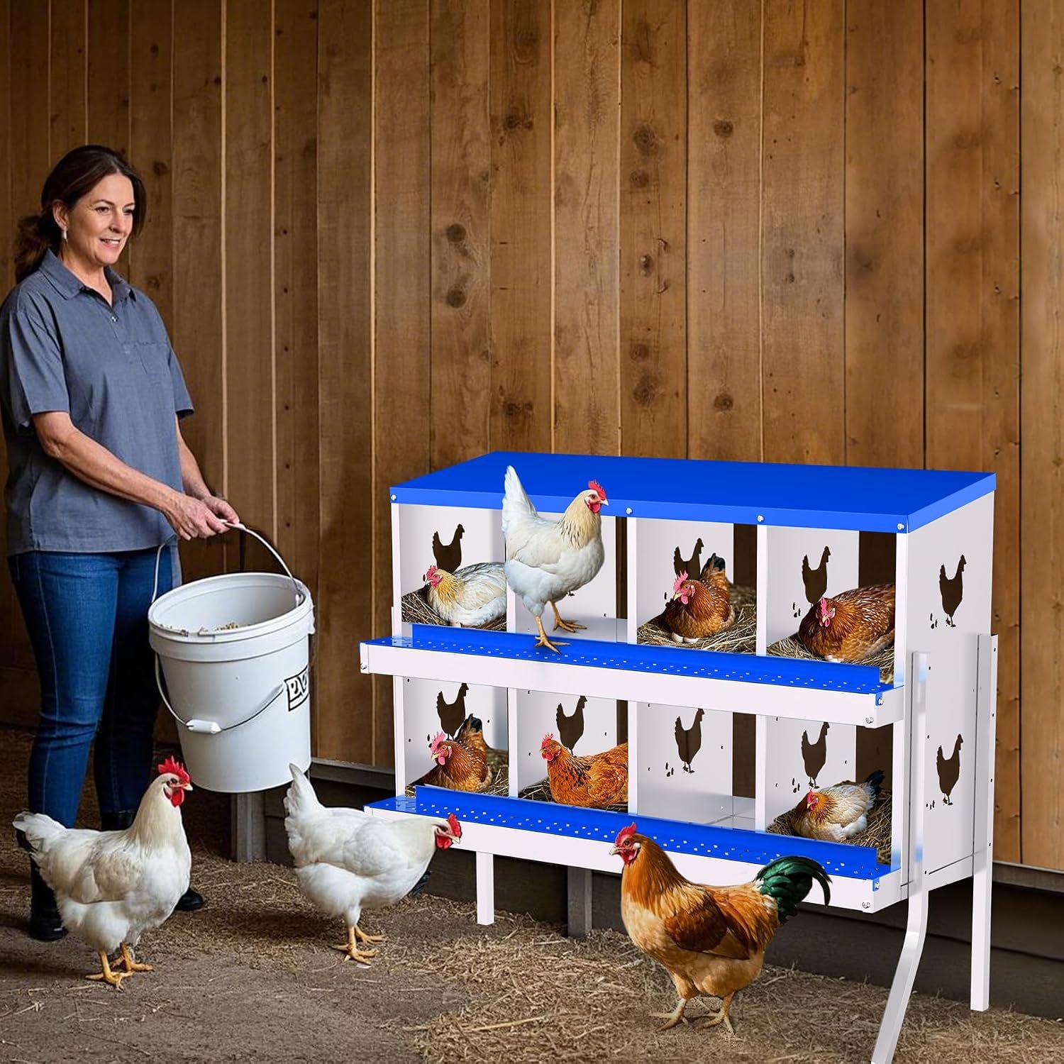 Garvee Chicken Nesting Box, 8 Compartment Nesting Boxes for Chickens, Easy to Clean and Install, Chicken Laying Boxes for Chicken Coop to Protect Eggs – with Bracket Legs, Blue