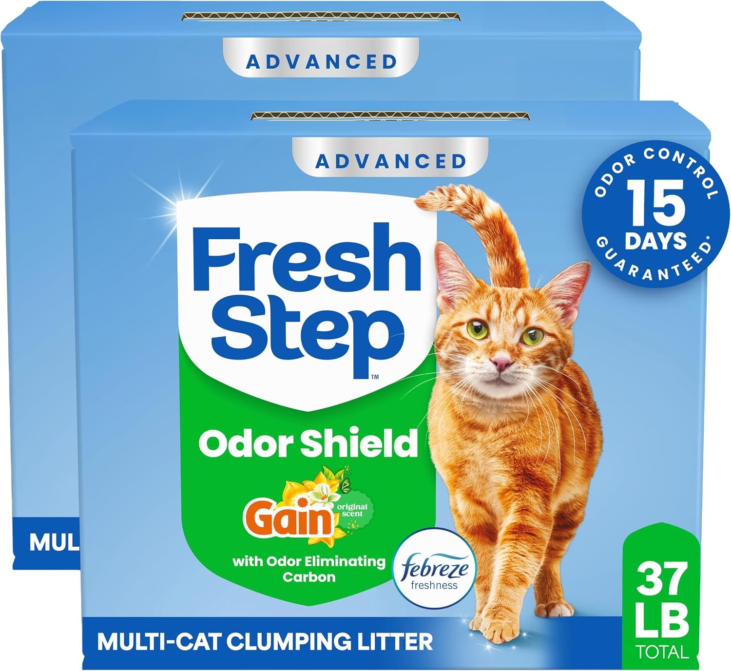 Fresh Step Advanced Multi Cat Clumping Litter with Febreze Freshness, Low Dust, Control with Ammonia Block Tech, Compatible in Automatic Litter Boxes, 37 lb. (2 x 18.5 lb.) | Odor Shield with Ammonia Block Technology, Low Dust, Multi Cat, Compatible with Most Automatic Litter Boxes