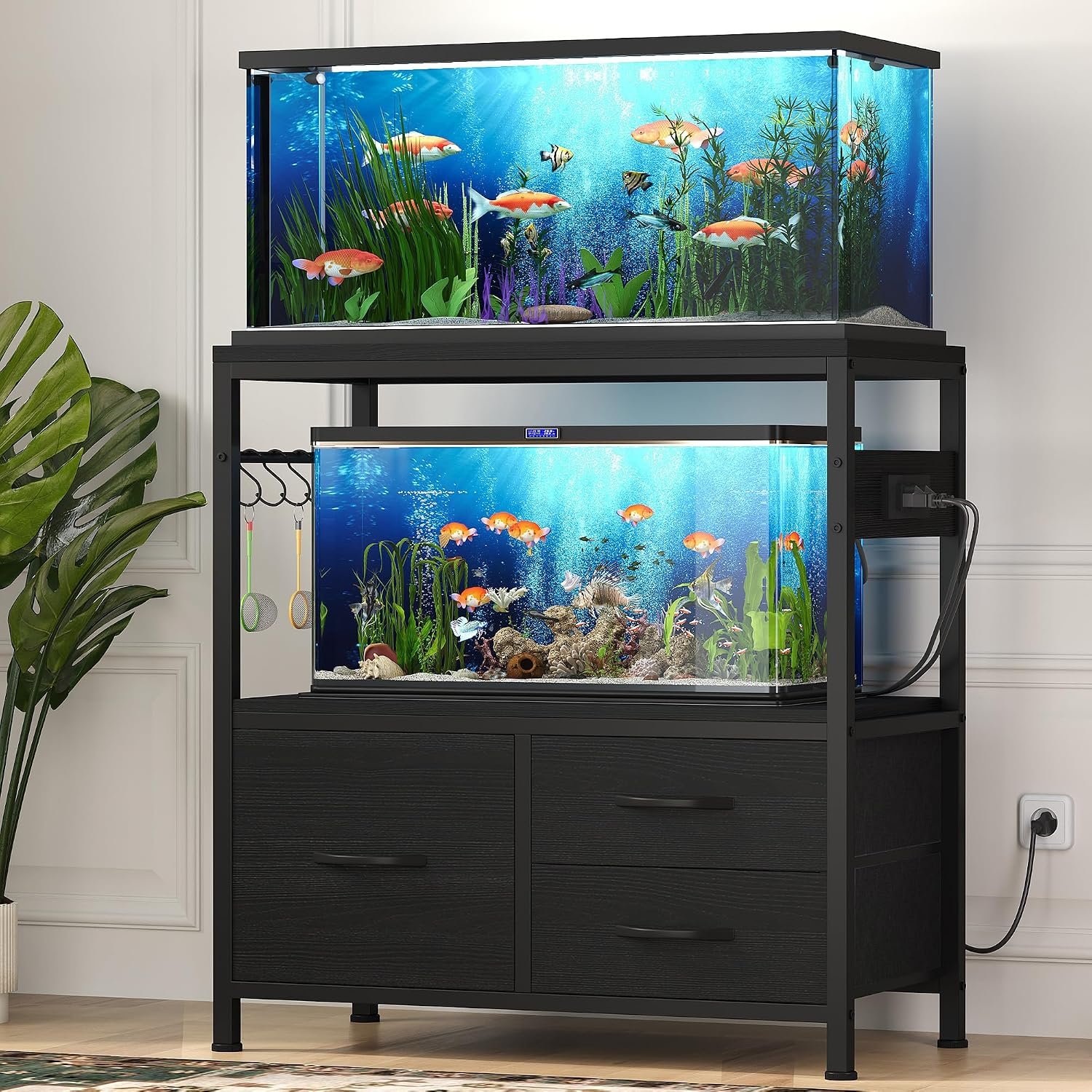Heybly 20-29 Gal Fish Tank Stand with Drawer, Power Outlet,330lbs HAS001BK | Aquarium Stand,Heavy Duty Metal Frame for Fish Tank, Turtle & Reptile Terrarium, 31.5″ x 15.7″ Top, Black