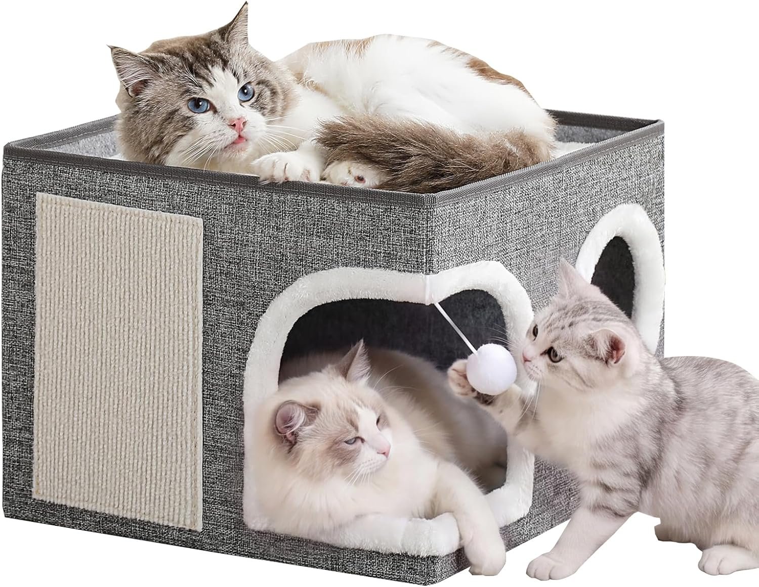 Cat Beds for Indoor Cats,Large Cat Cave House with Scratch Pad and Fluffy Ball,Foldable Cat Condo Hideaway, Modern Kitten Bed, Grey
