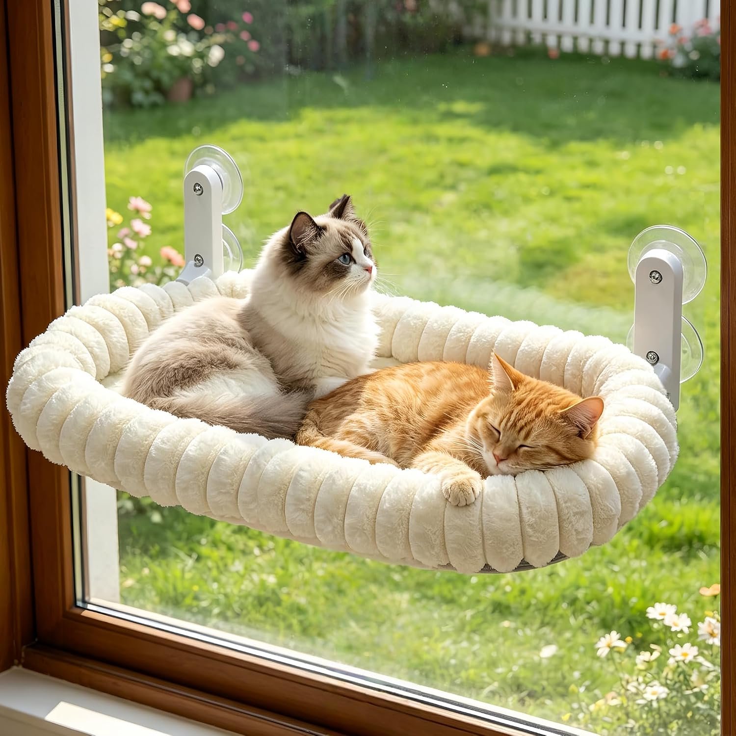AMOSIJOY Cordless Cat Window Perch, Window Hammock for Cats with 4 Strong Suction Cups, Solid Metal Frame and Cushion Bed Cover, Indoor Cat Bed (XL,Stripe)