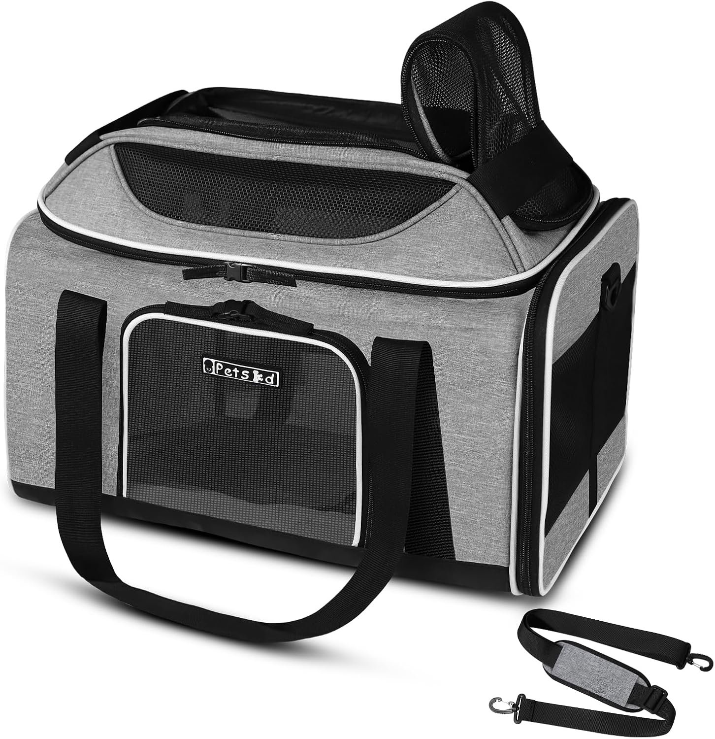 Top-Expandable Small Pet Carrier 18″x11″x11″ Airline Approved | for Delta/American/United Airlines, Lockable Safety Zippers and Anti-Scratch Mesh, Soft-Sided, Pets Under 10 Lbs, Grey