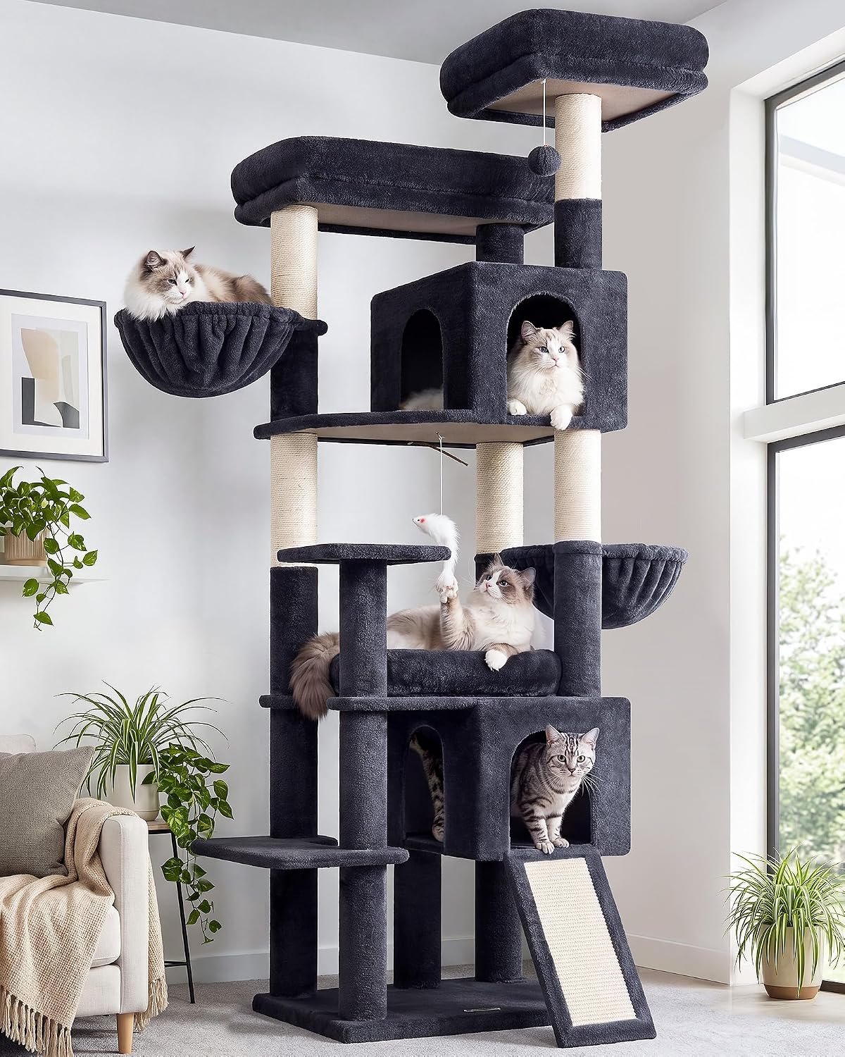 Globlazer Tall Cat Tree for Indoor Large Cats, 75 inch, F75C, Dark Grey | Multi-Level Cat Tower, 2 Large Platforms, 2 Oversized Cat Condos, 5 Scratching Posts, Scratching Board, Removable Pet Bed