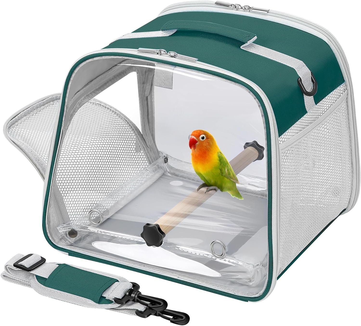 Small Bird Carrier, Large Window Travel Cage with Stand and Easy Clean Tray for Parrot Parakeet Cockatiels, Lightweight and Portable, Green