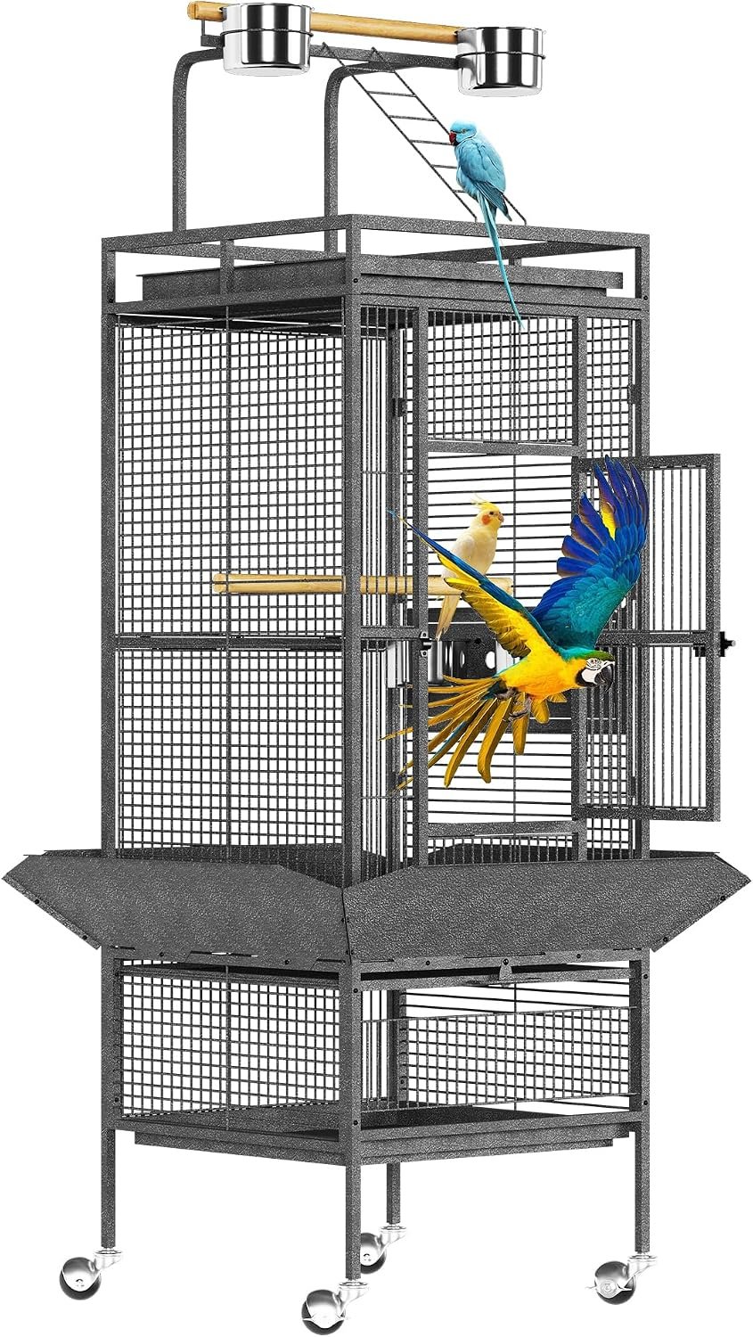 61″ Extra Large Bird Cage with Play Top & Rolling Stand – Wide Metal Parrot Cage for Macaws, Cockatoos, Conures, Parakeets, Lovebirds – Includes Bowls