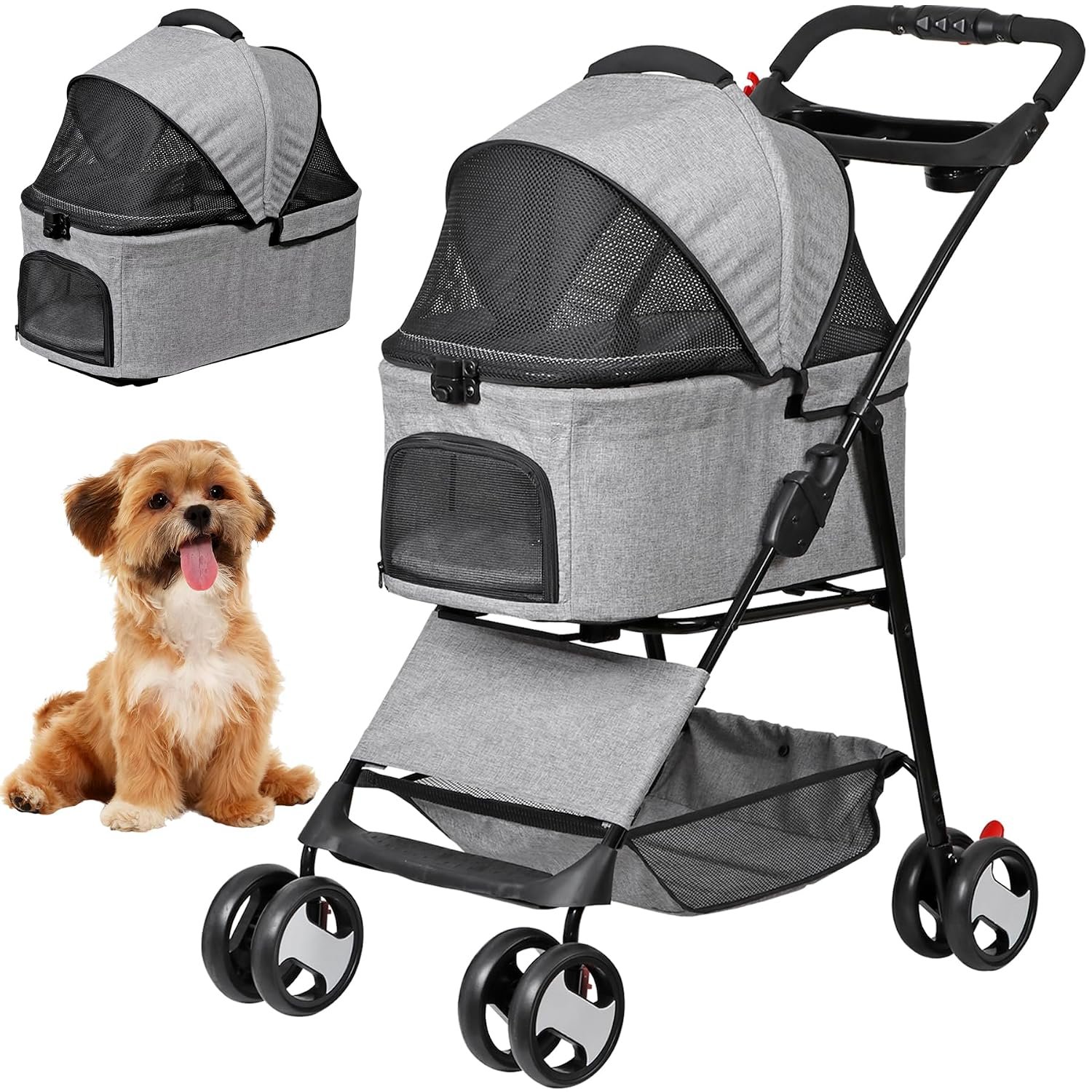 ZENY Pet Stroller, 3 in1 Foldable Dog Cat Jogger Stroller with 4 Wheels | Detachable Basket and Cup Holder, Travel Folding Carrier for Small/Medium Pet (Gray)