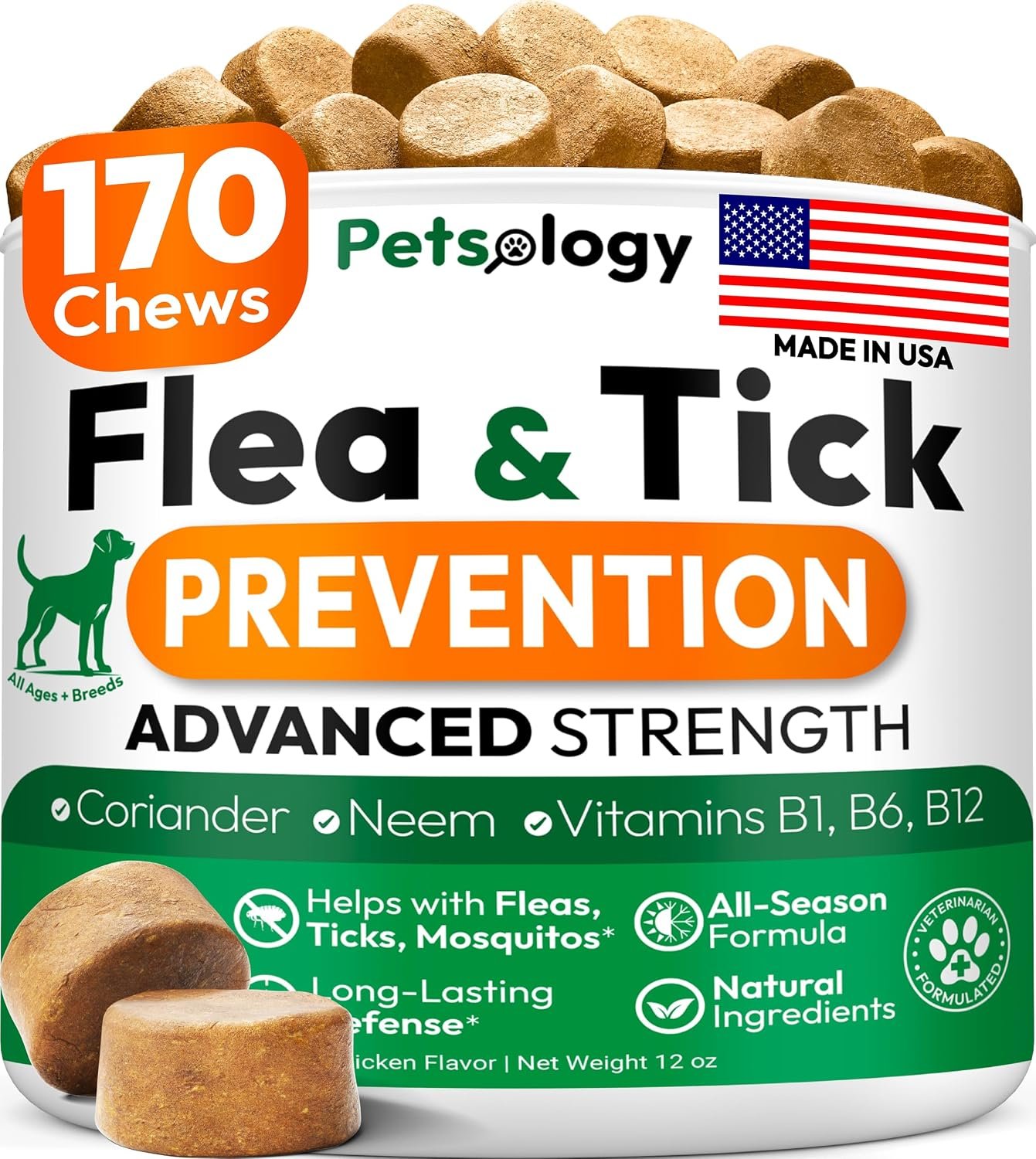 Flea and Tick Prevention for Dogs Pills – 170 Soft Chewables – Natural Dog Flea & Tick Control – Oral Defense Treatment for Dogs Supplement – Vet Formulated Chews – All Breeds & Ages – Made in USA