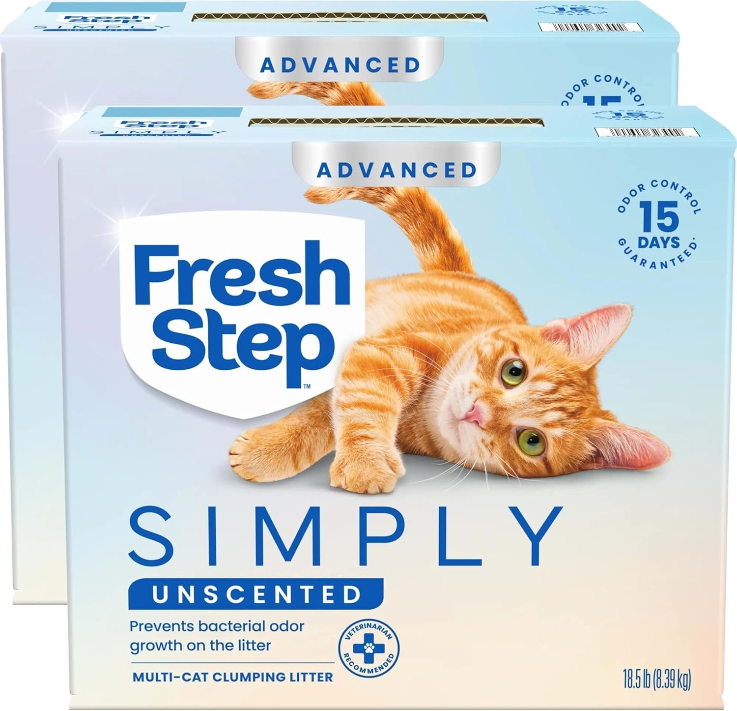 Fresh Step Advanced Simply Unscented Multi Cat Clumping Litter, Formulated with No Added Dyes or Fragrances, Ammonia Block Technology, Low Dust, 18.5 lb. Box, Pack of 2 | Formulated with No Added Dyes or Fragrances, Ammonia Block Technology, Low Dust, Compatible with Most Automatic Litter Boxes