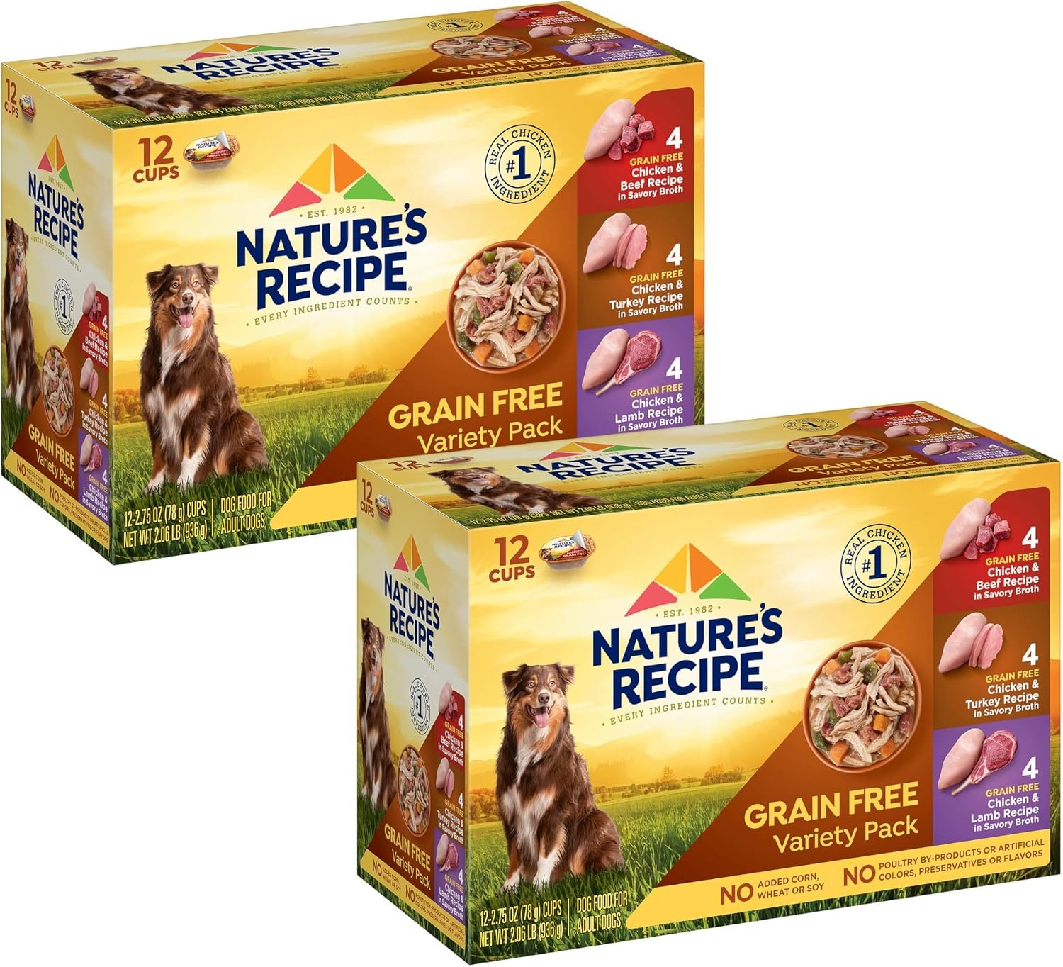 Nature’s Recipe Grain Free Wet Dog Food Variety Pack, Chicken Recipes with Beef, Turkey & Lamb in Savory Broth, 2.75 oz. Cups (Pack of 12), 2 Count
