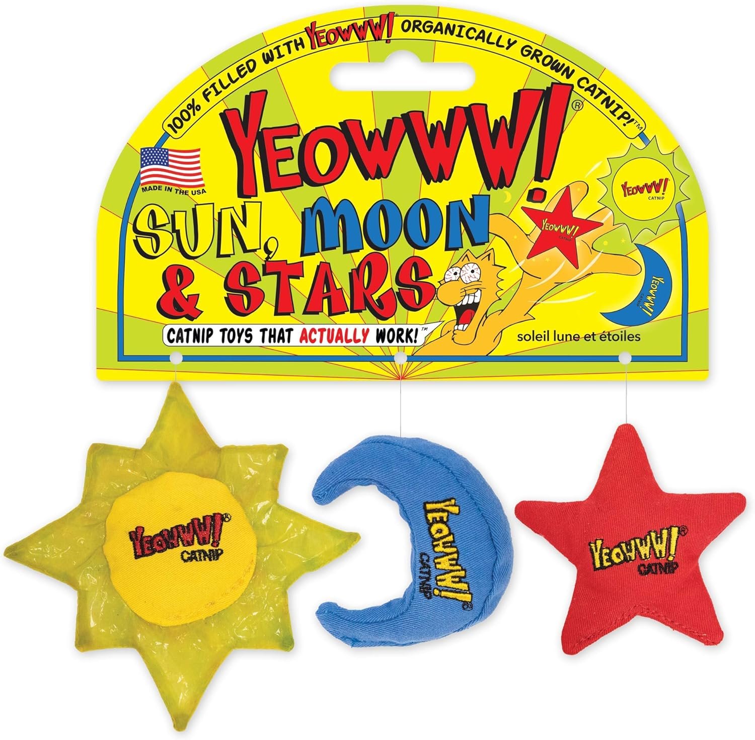 YEOWWW Catnip Cat Toy for Indoor and Outdoor Cats -Premium Quality Strong Catnip Toys for Cats (1x Crinkle Catnip Toy Sun 1 x Moon 1x Star)
