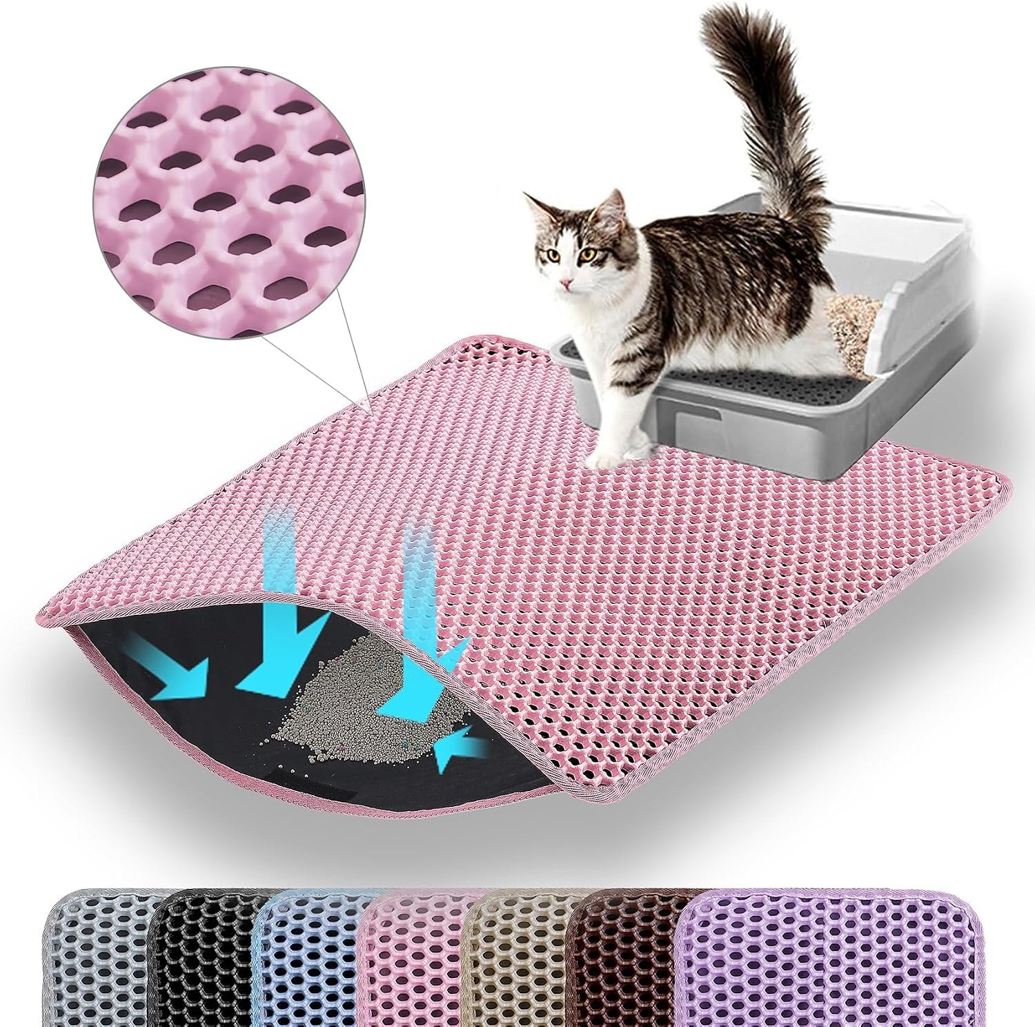 Small Cat Litter Mat, Double Layer Honeycomb Litter Box Mat | 20×14”, Reduces Litter Tracking, Waterproof, Non-Slip, Soft on Paws, Scratch Resistant, Easy to Clean, Pink