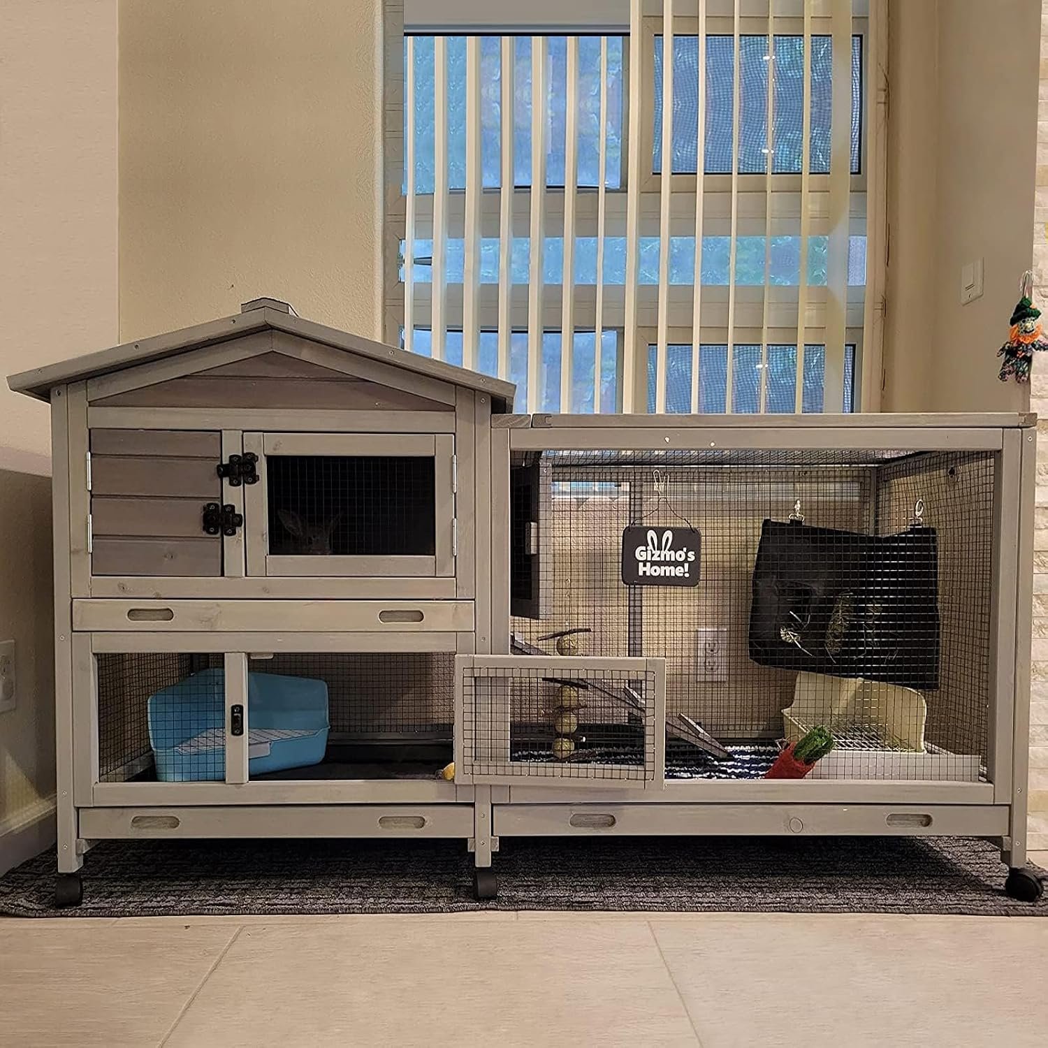 Bunny Cage Indoor and Outdoor Rabbit Hutch with Casters Waterproof Roof, Pull Out Tray from Back and Front 61.2″ L x 22.6″ W x 33.5″ H