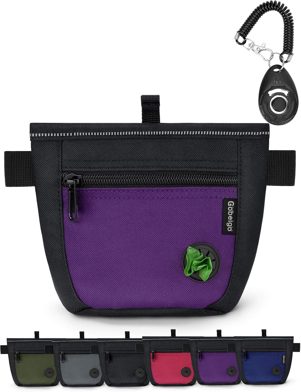 2 Cup Dog Treat Pouch with Training Clicker(Black/Purple) | 2 Pair Magnetic Closures, Zipper Pocket with Poop Bag Holder, Waist Belt & Metal Clip to Wear for Pet Training/Daily Walking