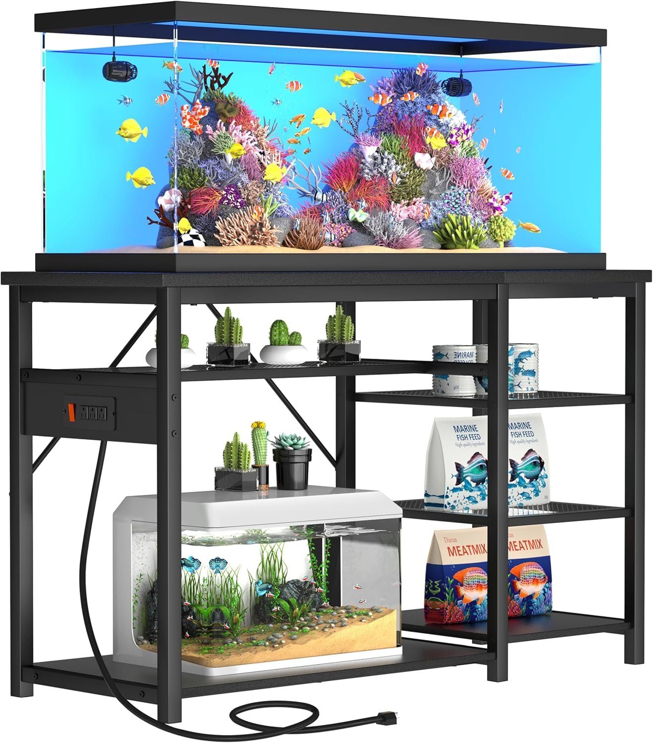GRLEAF 55-75 Gallon Aquarium Stand: 1000LB Capacity, Built-In Power Outlets, 3-Tier Shelves for Fish Tank Accessories Storage, Heavy-Duty Steel/Wood Hybrid for Fish & Reptile Tanks | Excludes Tank
