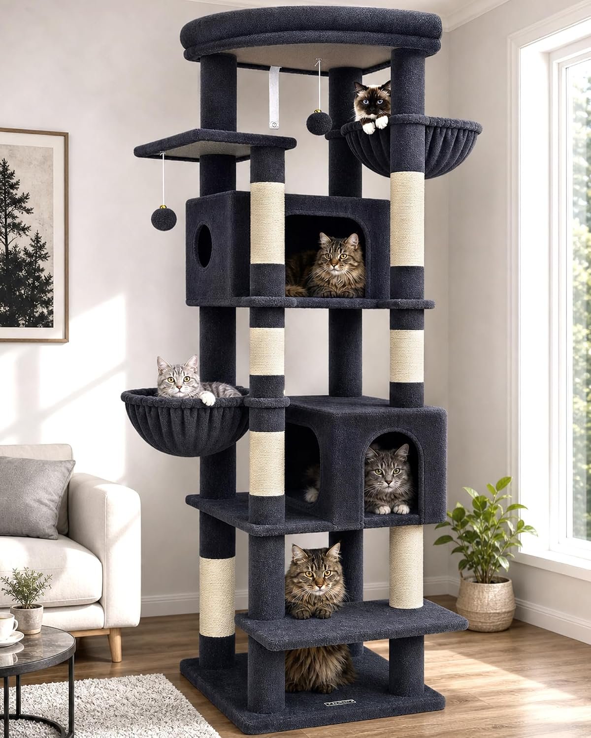 Globlazer Heavy Duty Cat Tree, 74in Sturdy Cat Tower for Large Cats Adult, Big Cat Tree with 7 Sisal Scratching Posts, 2 Padded Condos, 2 Dual-Ear Hanging Baskets, Enlarged Top Perch, S74, Dark Grey