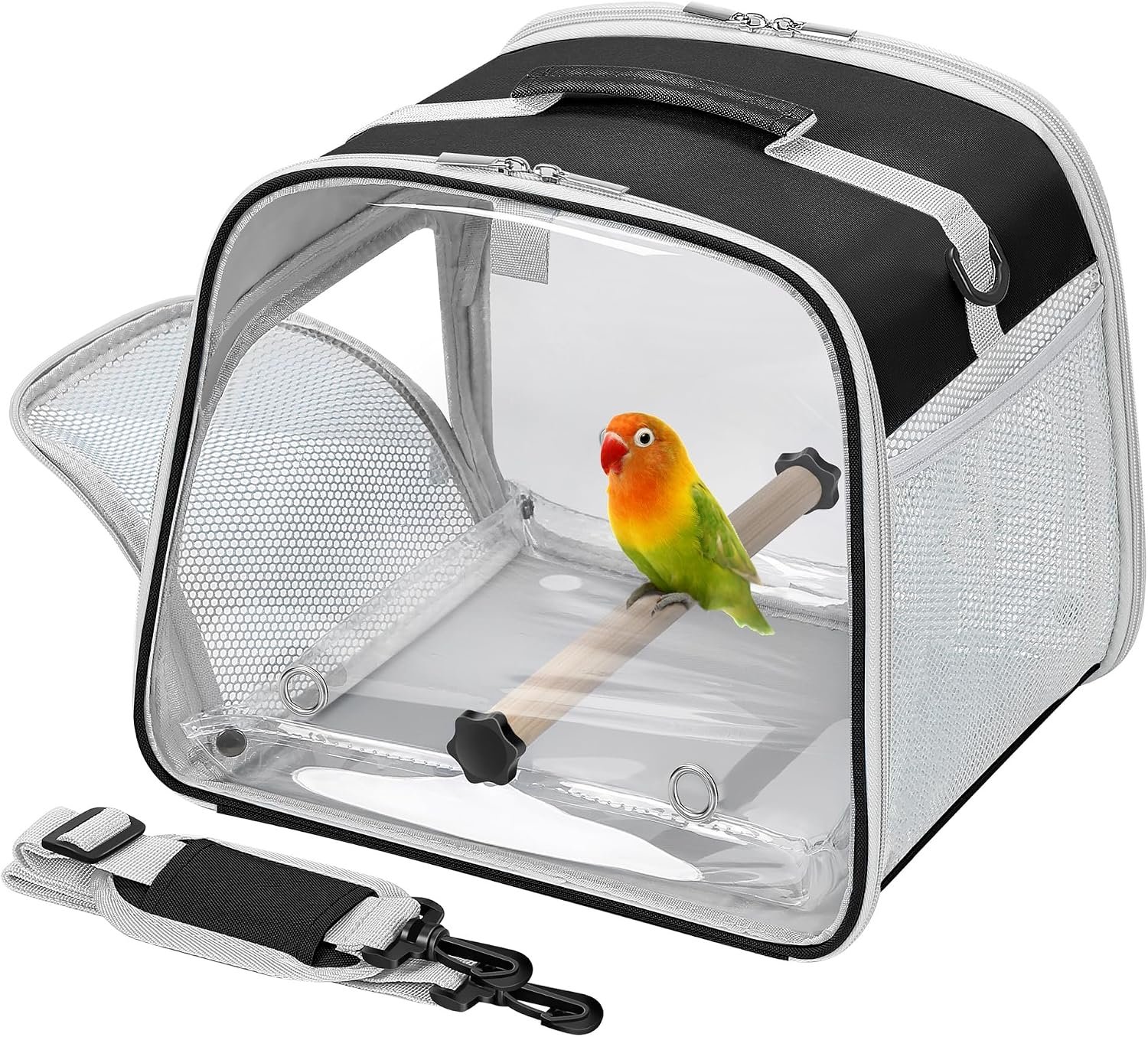 Small Bird Carrier, Large Window Travel Cage with Stand and Easy Clean Tray for Parrot Parakeet Cockatiels, Lightweight and Portable, Black