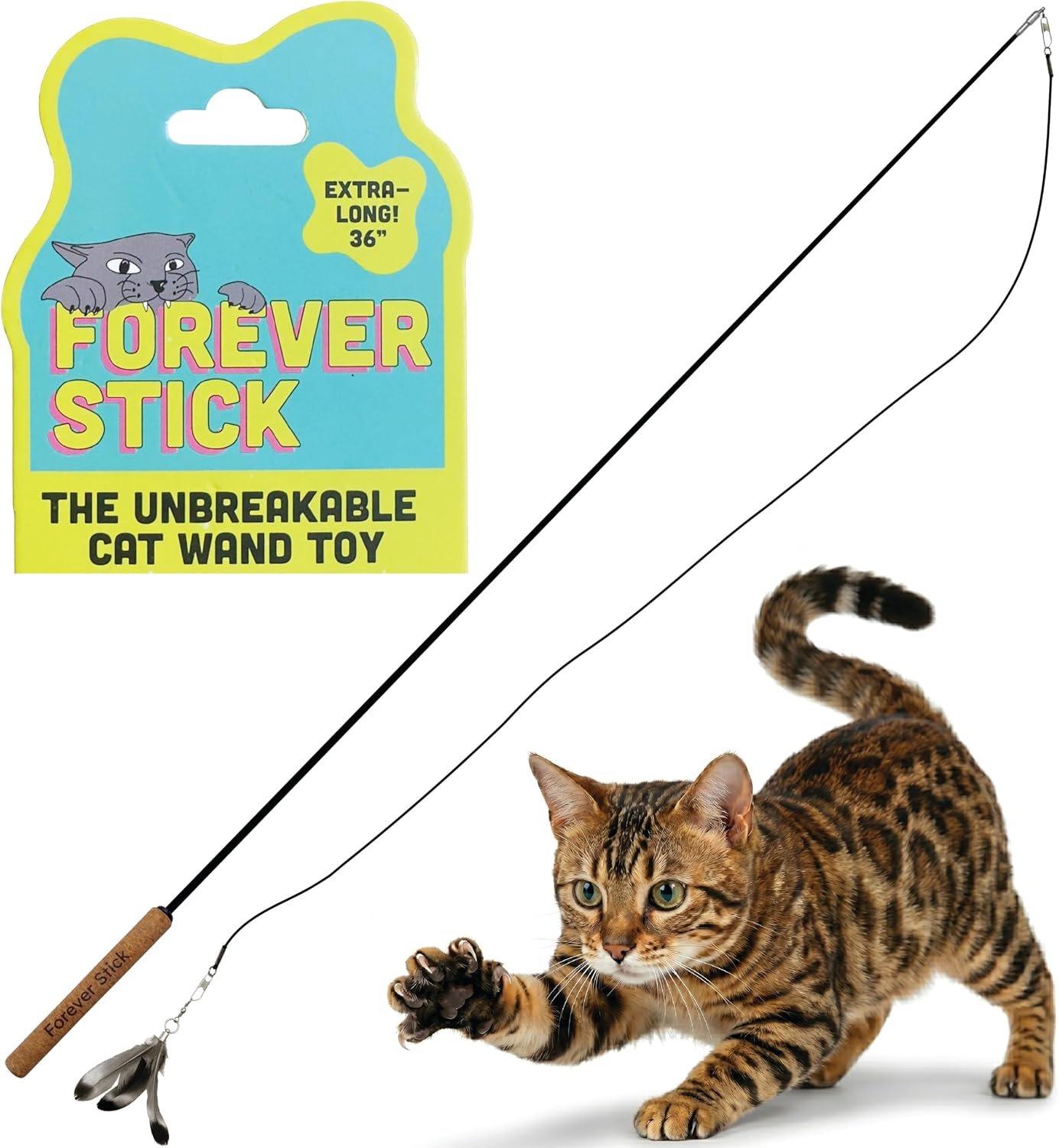 Forever Stick 1-Pack – The Unbreakable Cat Wand Toy, Durable Cat Toy Wand, Extra Long Cat String Toy, Cat Fishing Pole Toy for Bored Indoor Adult Cats, Cat Stick Toy, Cat Feather Wand, Cat Teaser Wand