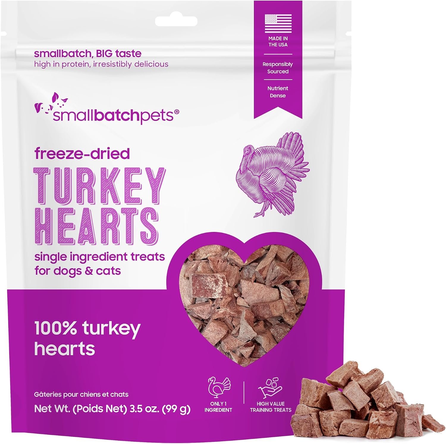 smallbatch Freeze Dried Premium Turkey Heart Treats for Dogs & Cats, 3.5oz | 100% Humanely Raised Turkey Hearts, No Preservatives or Synthetics, Made in the USA, Grain & Gluten Free, Single Ingredient