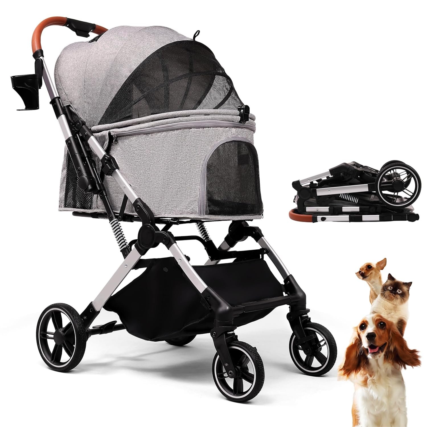 Bicystar Foldable Dog Stroller for Small Medium Dogs & Cats, 45 lbs, Grey | For senior & injured pets, Travel-friendly, All-terrain 4 wheels, Aluminum frame, 42″ handle for tall users, Two tethers