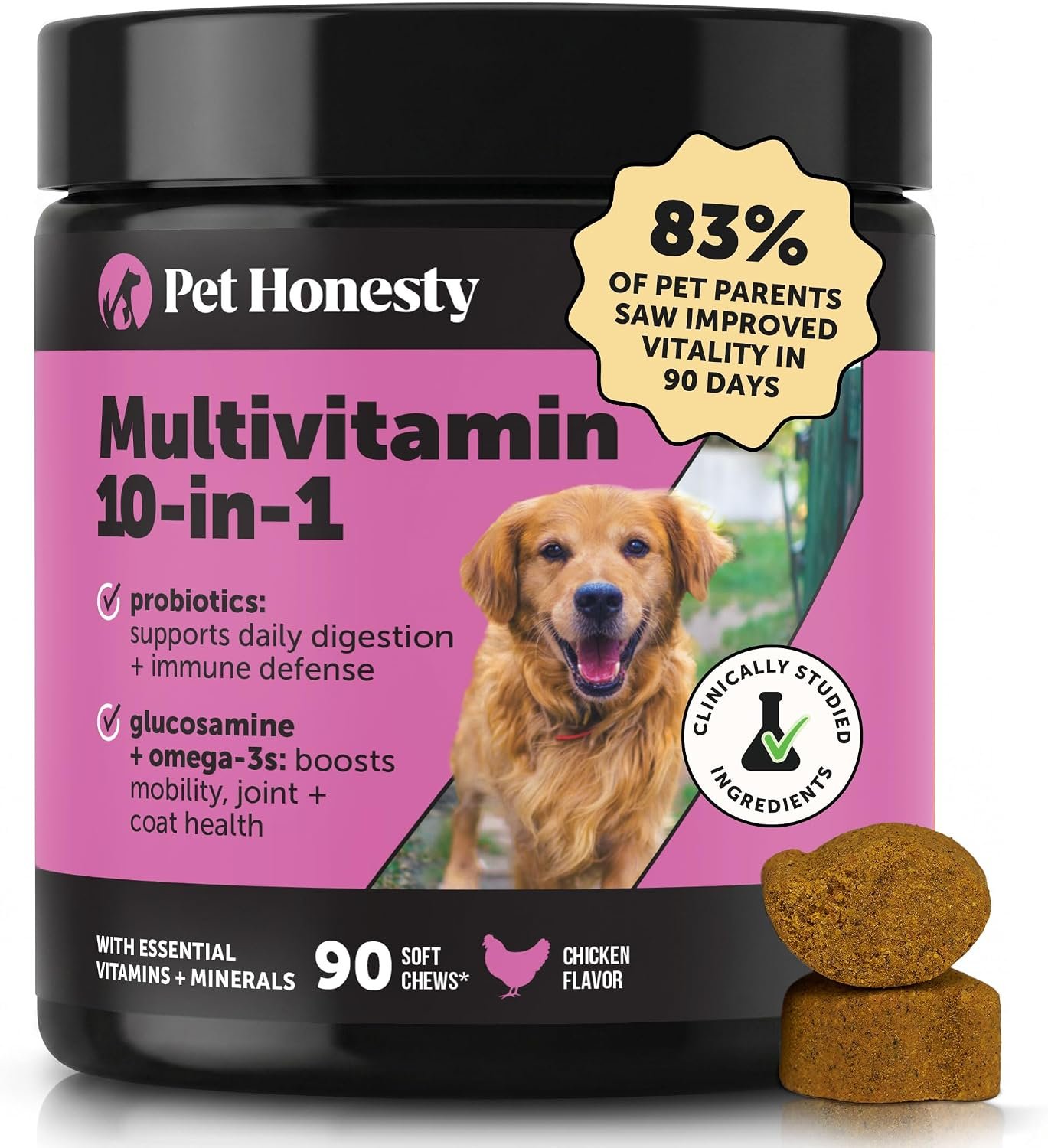 10-in-1 Dog Multivitamin Supplement with Glucosamine & Probiotics – Hip & Joint Support, Digestive Health, Immune Support, Heart & Skin – All-in-One Daily Vitamins & Omega-3s for Dogs, Chicken, 90 Ct
