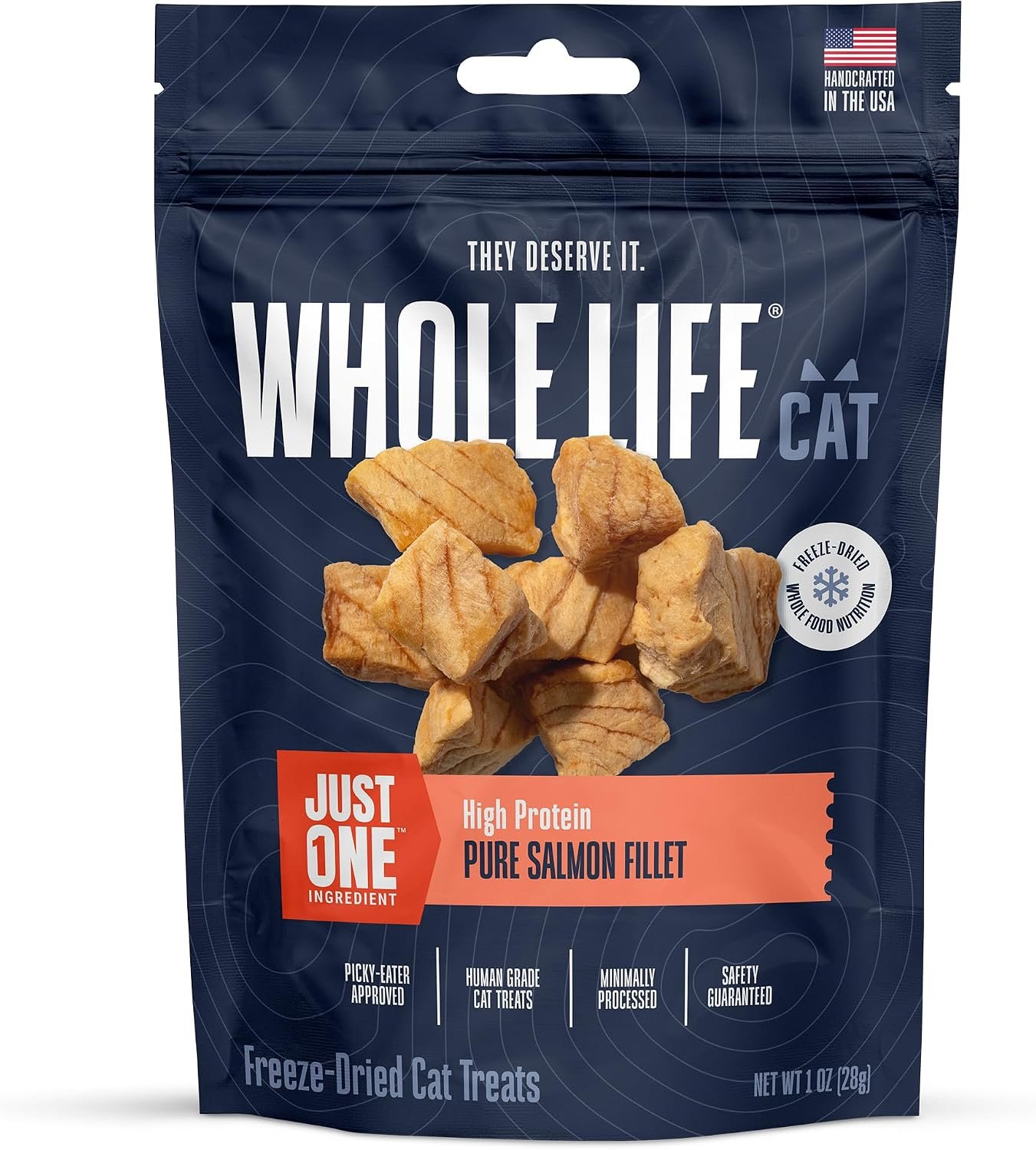 Whole Life Cat Just One Salmon Freeze Dried Cat Treats – Human Grade High Protein Food, Healthy Training Snacks, Freeze Dried Salmon Food Toppers, USA Made Natural Treats – 1 oz (Pack of 1)