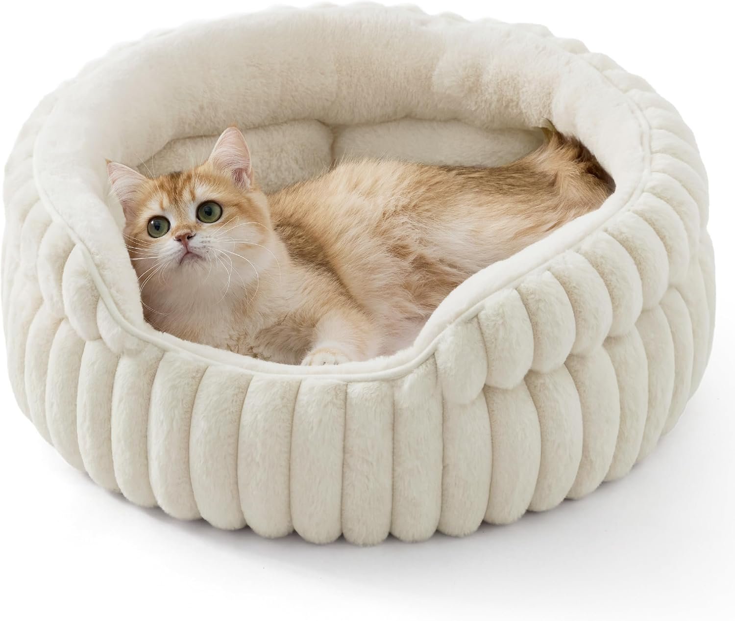Bedsure ComfyFleece™ Washable Cute Cat Bed,Soft Round Kitten Bed,20in,Cream | Cozy Fluffy Plush Small Dog Bed,Donut Corduroy Cuddler Pet Beds for Small & Large Indoor Cats,Anti-Slip Bottom,Up to 15 Lbs