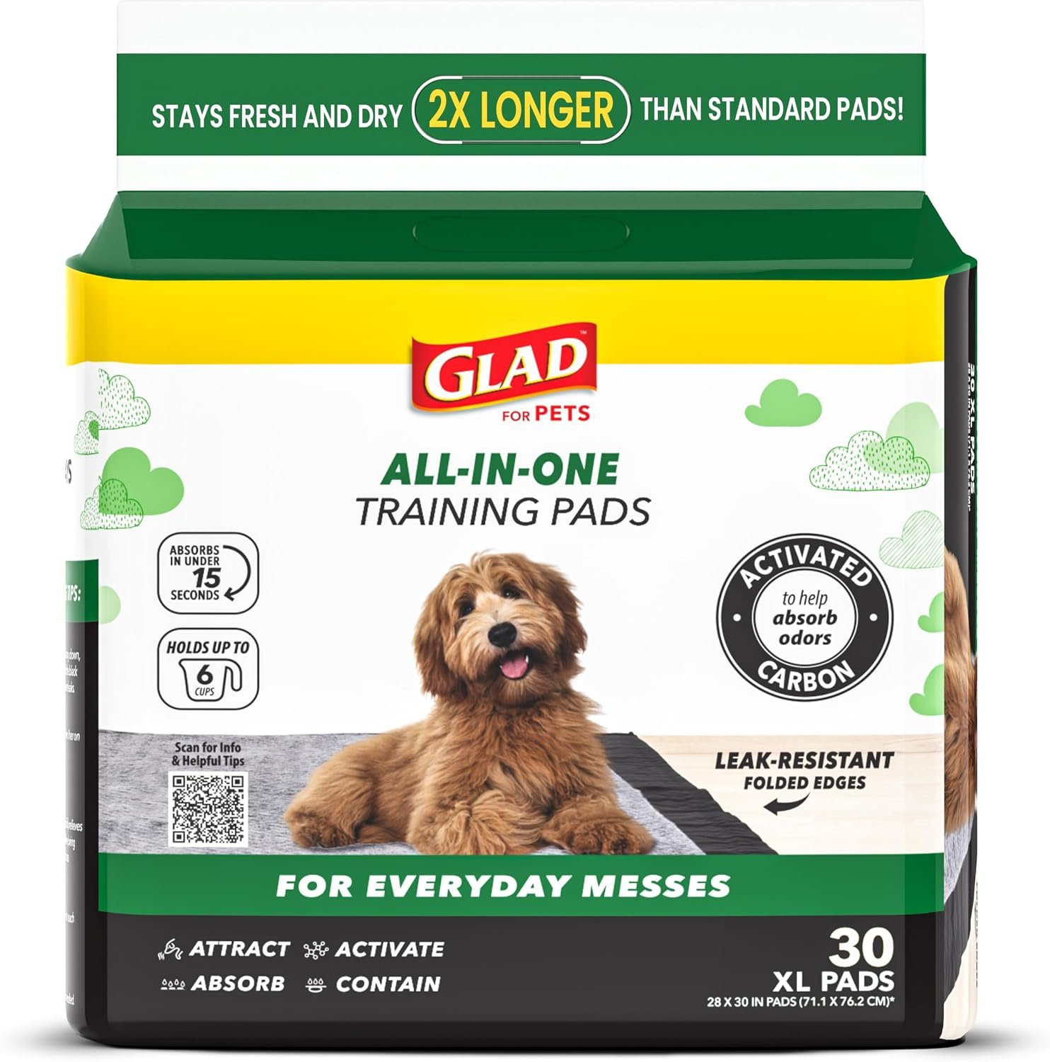 Glad for Pets XL Charcoal Training Pads for Dogs and Puppies, 30 Count | 6-layer, activated-carbon pads with pheromone attractant; leak-proof, extra-large 28 x 30 in coverage