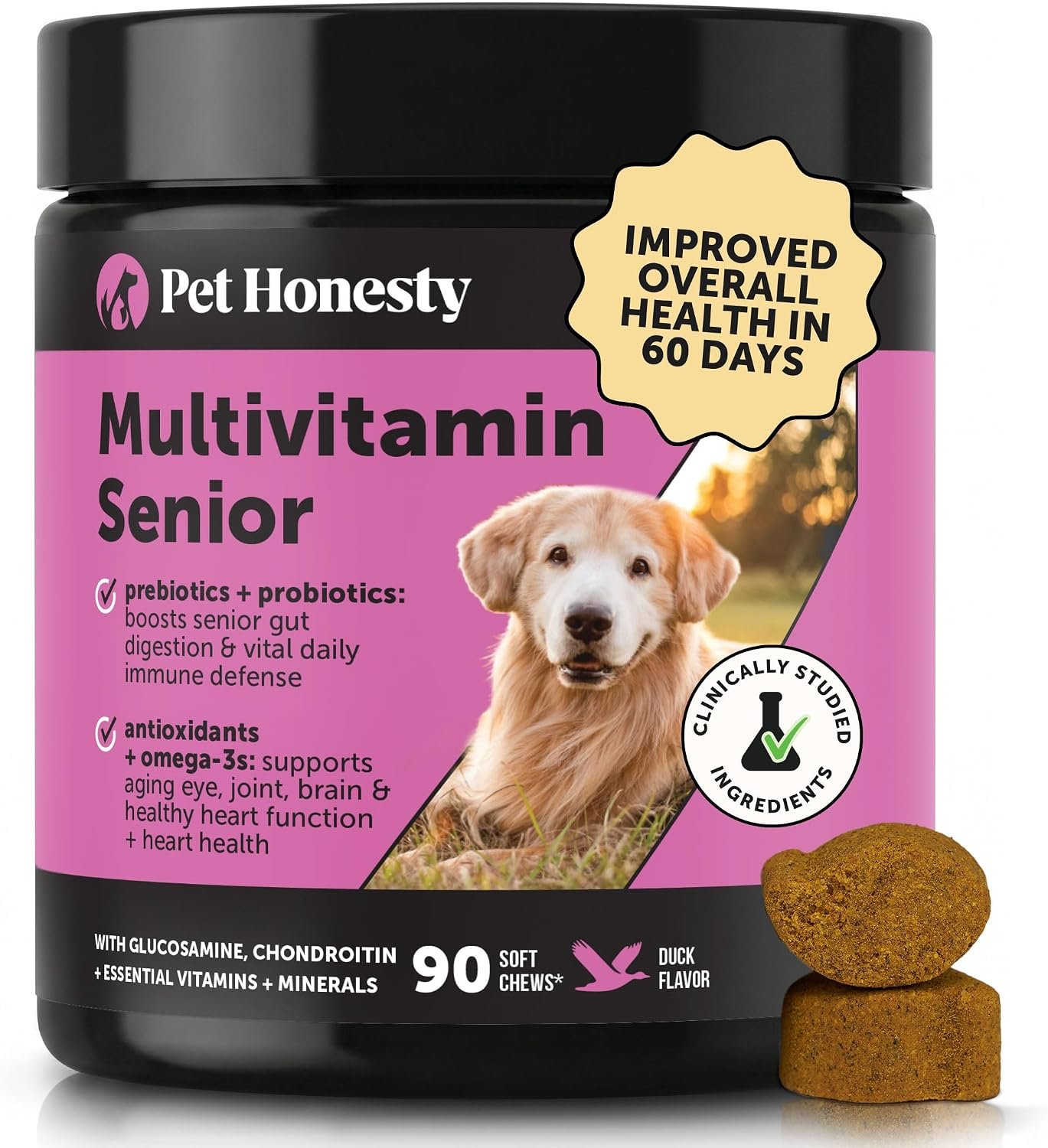 Senior Dog Multivitamin Supplement for Aging Dogs – Hip & Joint Stiffness, Eye Health, Brain & Heart Care – Older Dog Vitamins with Glucosamine & Probiotics – Immune Support & Vitality (Duck, 90 Ct)