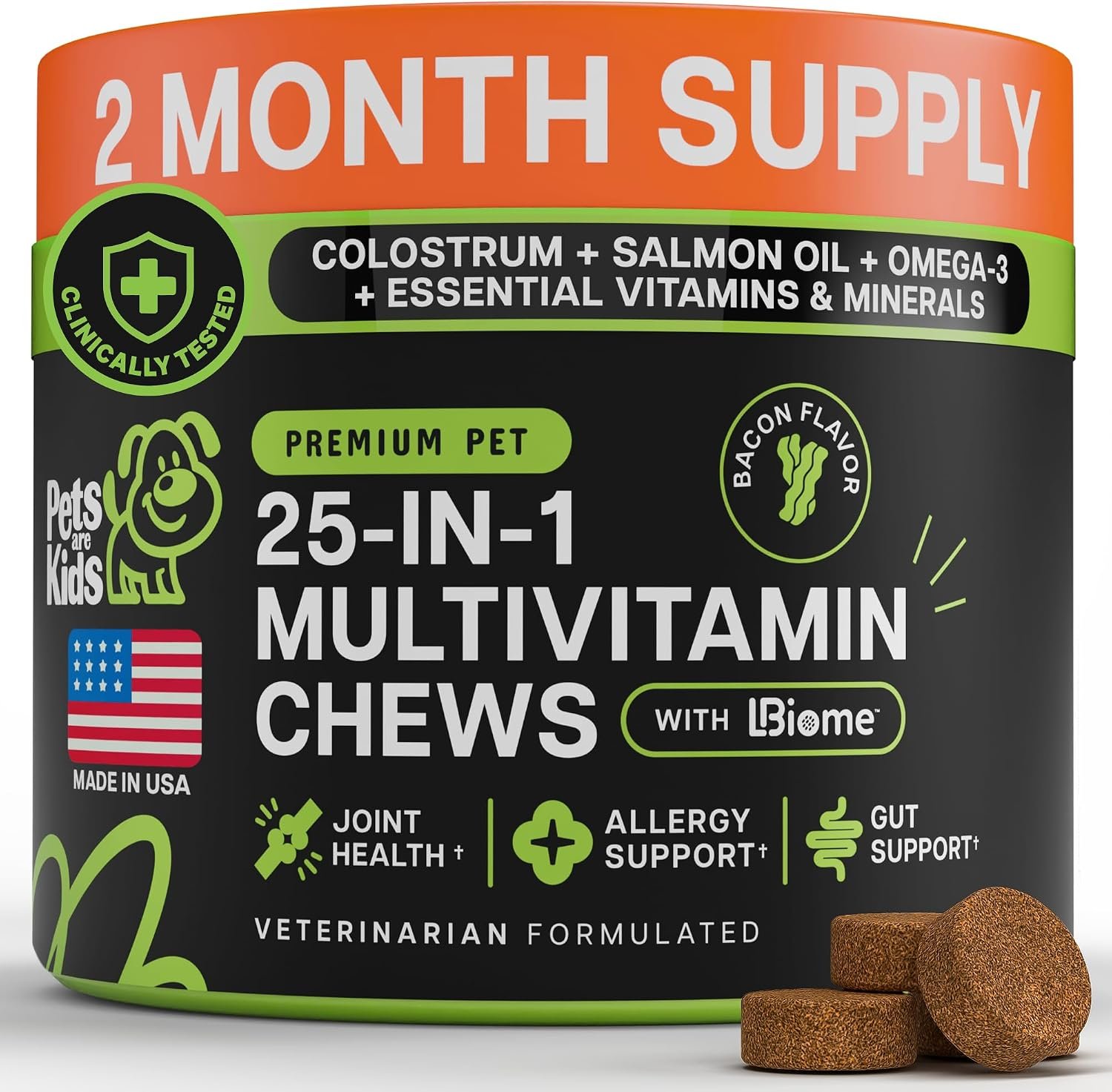 Pets are Kids 25-in-1 Dog Multivitamin for Gut, Mobility, Immunity, 60Chews | Pet Vitamins and Supplements with LBiome™, Colostrum & Salmon Oil for Gut, Allergy, Mobility & Immune Health, Bacon Flavored