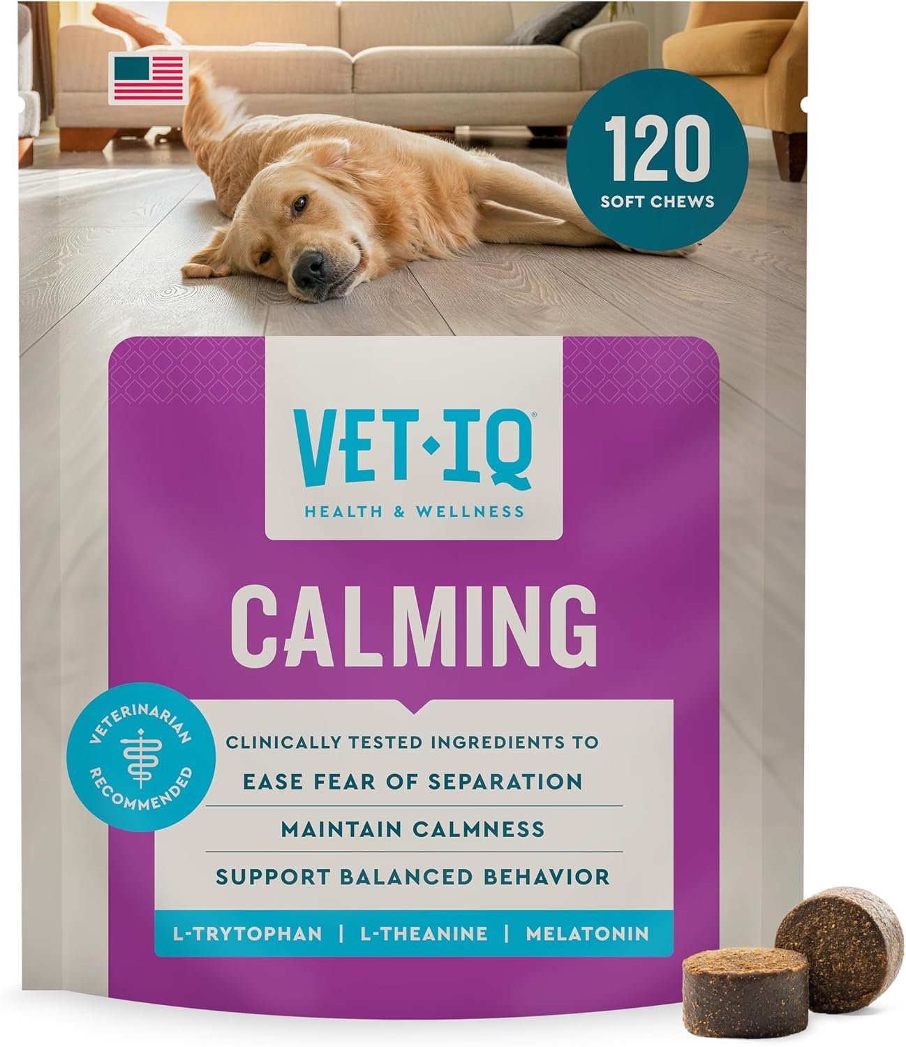 VetIQ Calming Support Chews for Dogs, Anxiety Relief, 120ct | Helps manage stress & anxiety; promotes relaxation; 120-count daily supply; made in USA; ideal for storms & travel
