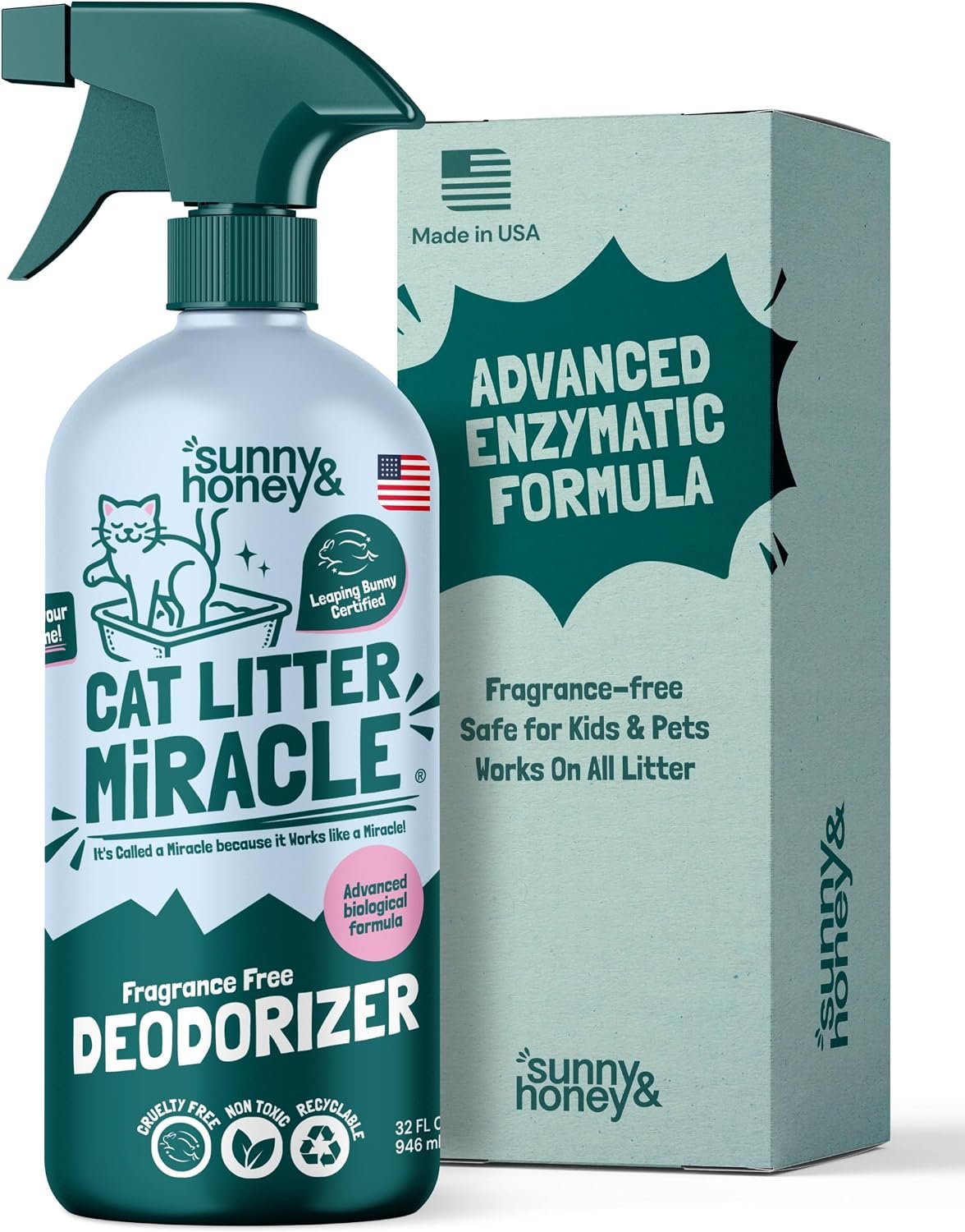 Sunny & Honey Cat Litter Deodorizer Spray – 32 fl oz, 1 Pack, Unscented – Source-Targeted Freshness & Litter Box Cleaner – Enzyme Cat Pee Cleaner – Fragrance-Free Deodorizer