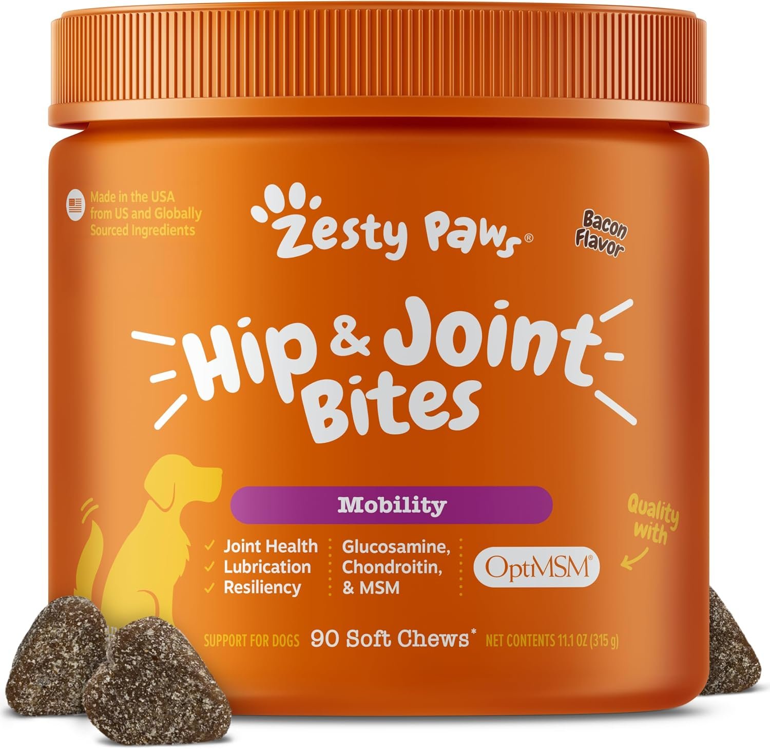 Zesty Paws Hip and Joint for Dogs, Glucosamine for Dogs Hip and Joint Supplement with Chondroitin, MSM, Vitamins C & E – Bacon, 90 Count