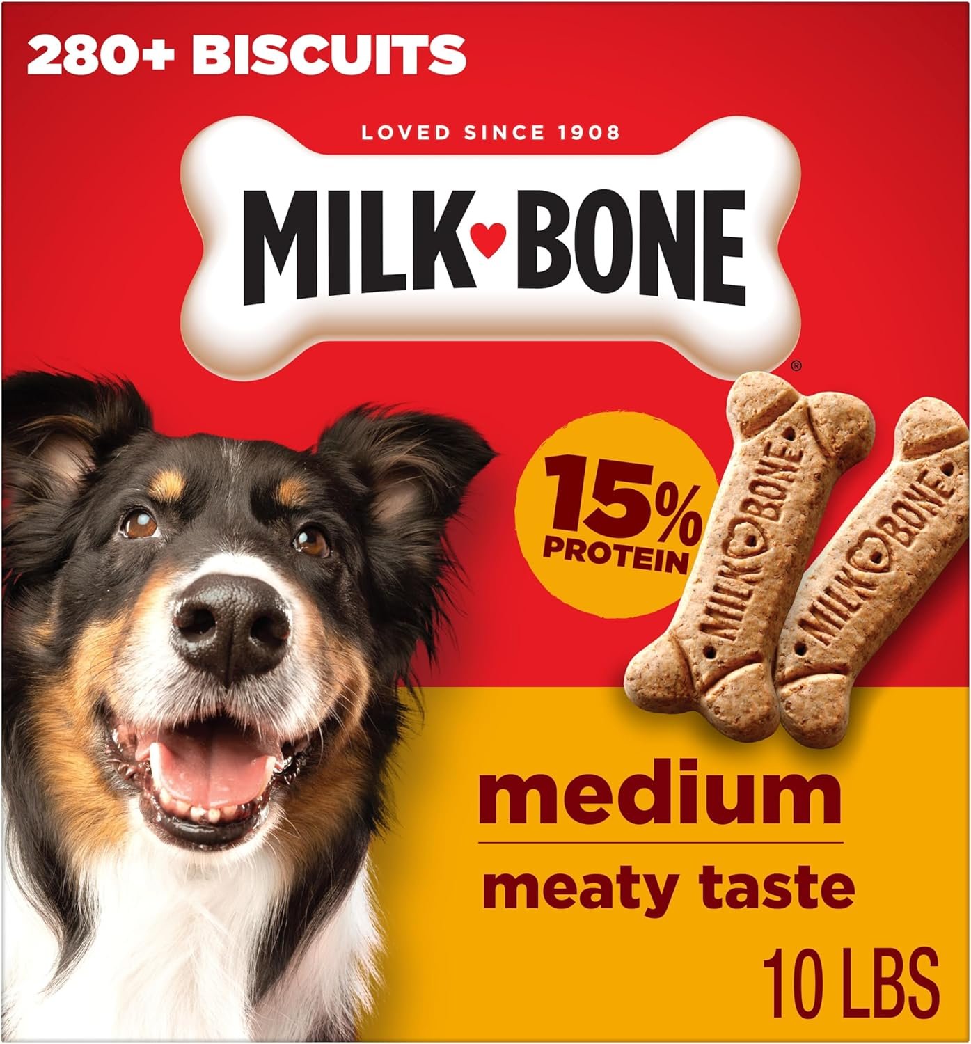 Milk-Bone Original Medium Dog Biscuits, 10 lb Box | 280+ treats, classic meaty taste, crunchy dog treats for dogs 20-50lbs, 15% protein, 12 vitamins & minerals, made in the USA